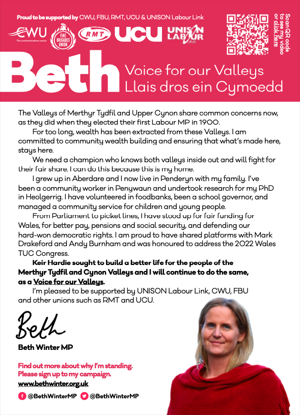 A campaign poster for Beth Winter MP, supporting the Labour Party for the Merthyr Tydfil and Cynon Valleys. The poster includes her message about community concerns, achievements, and her role as a Voice for local people. The poster features a pink header with logos of Labour, UNISON, UCU, RMT, and other unions. There is a QR code in the top right corner and her photograph at the bottom right corner. The text emphasizes her dedication to local issues, her background, and her plans for community support.