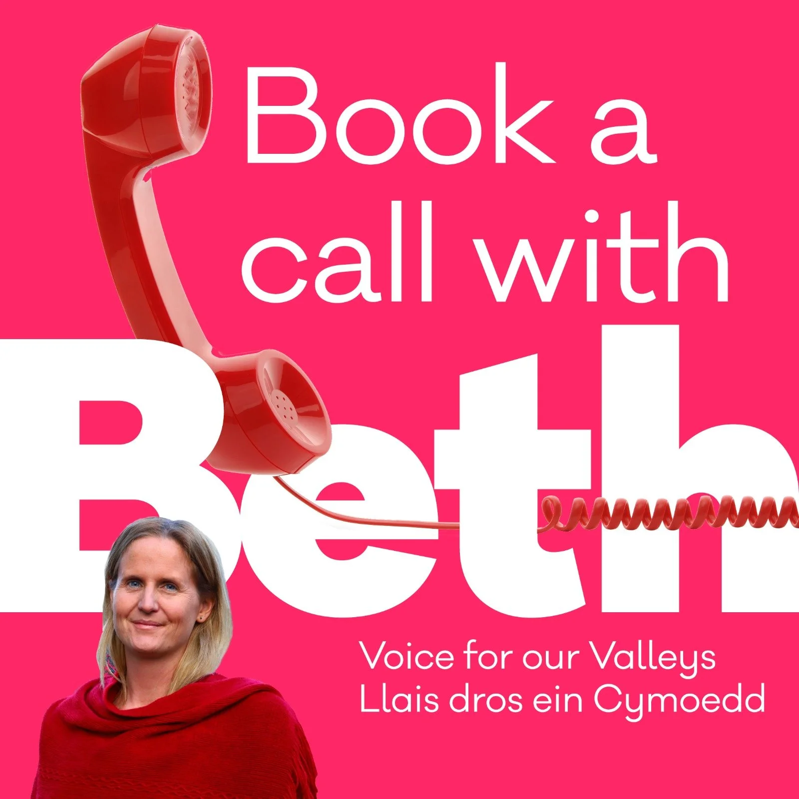 A pink background with a red rotary phone and a woman with blonde hair wearing a red sweater. The text says 'Book a call with Beth' and 'Voice for our Valleys Llais dros ein Cymoedd'.