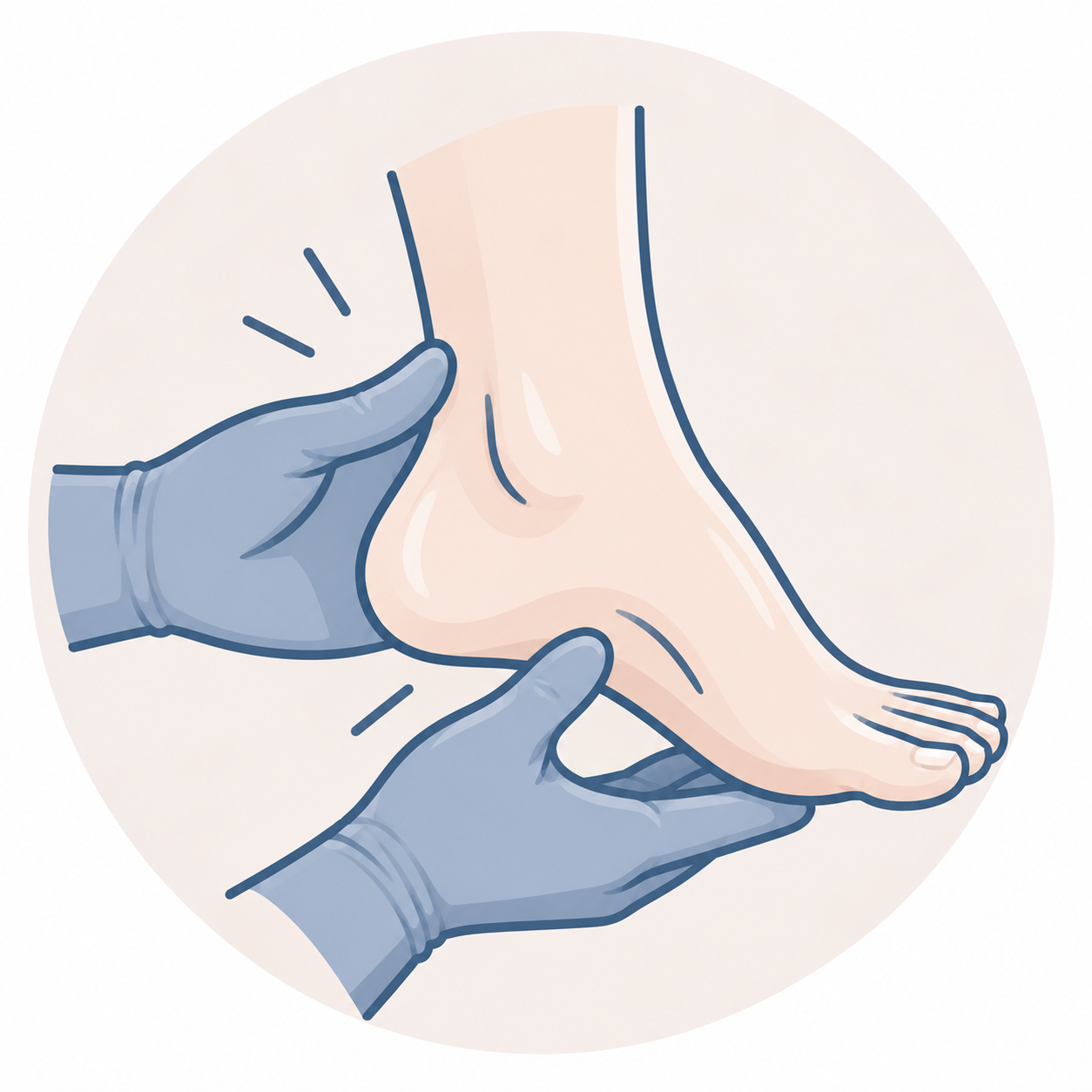 Illustration of a healthcare professional wearing gloves examining a person's ankle for tenderness or swelling.