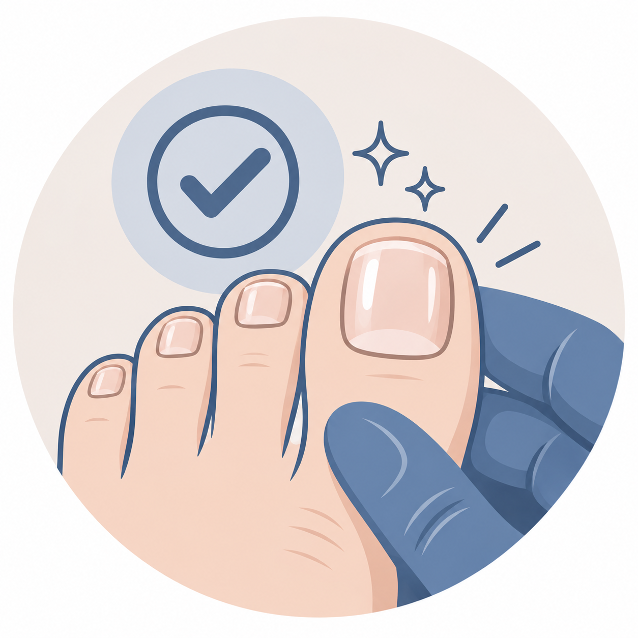 Illustration of a hand with a finger being sanitized or disinfected, with a checkmark icon indicating approval or cleanliness, and sparkles signifying cleanliness.