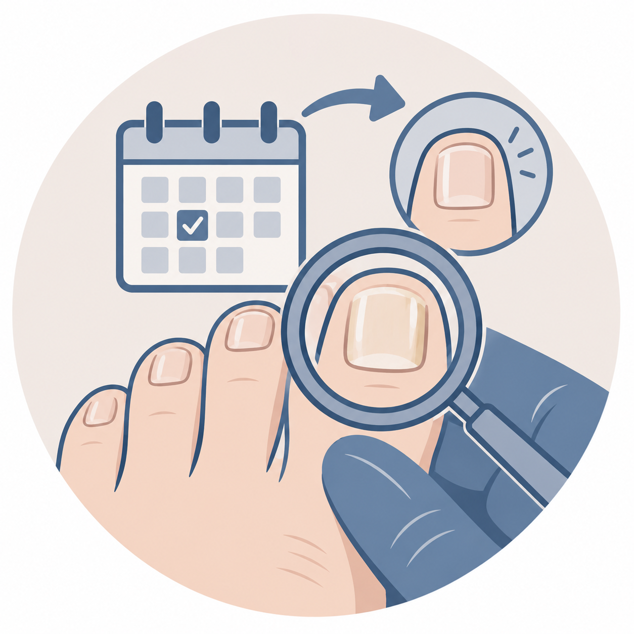 Illustration of a hand holding a magnifying glass over a fingernail, with a calendar showing an appointment date and a close-up of a fingernail with a checkmark, indicating nail health assessment or appointment scheduling.