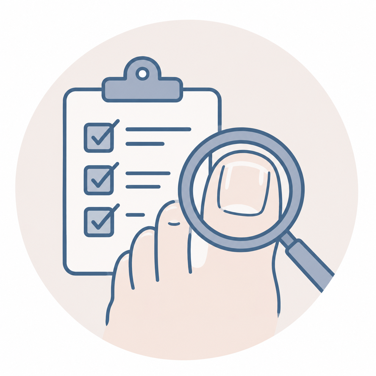 Illustration of a hand holding a magnifying glass over a checklist on a clipboard, with all items checked.