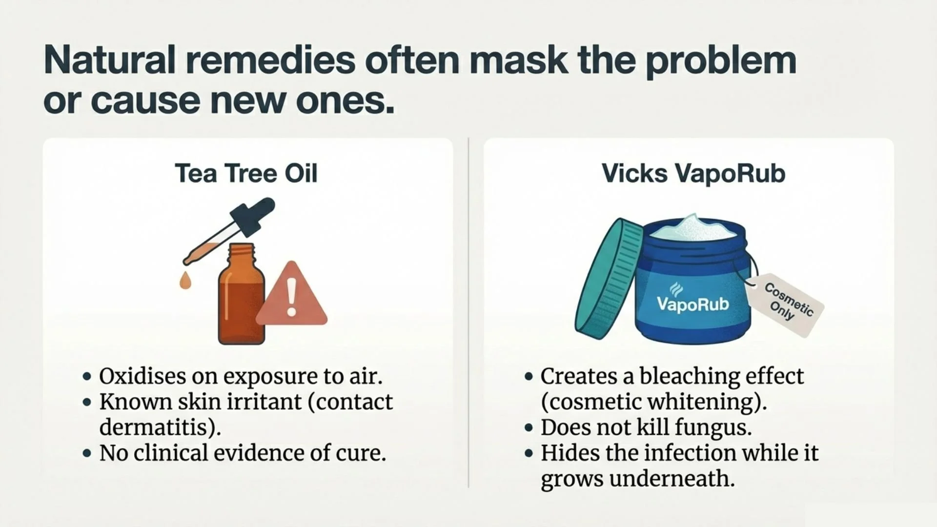 Comparison of natural remedies for skin issues. On the left, a brown bottle with a dropper labeled 'Tea Tree Oil' with an exclamation mark warning about oxidation and skin irritation. On the right, a container labeled 'Vicks VapoRub' with a tag 'Cosm