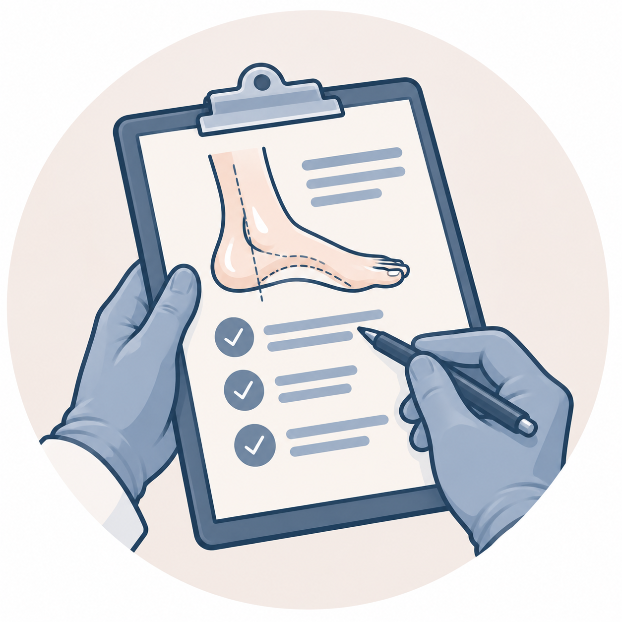 Medical illustration of a foot with infographic and checklist on a clipboard, held by hands with gloves, in a medical setting.