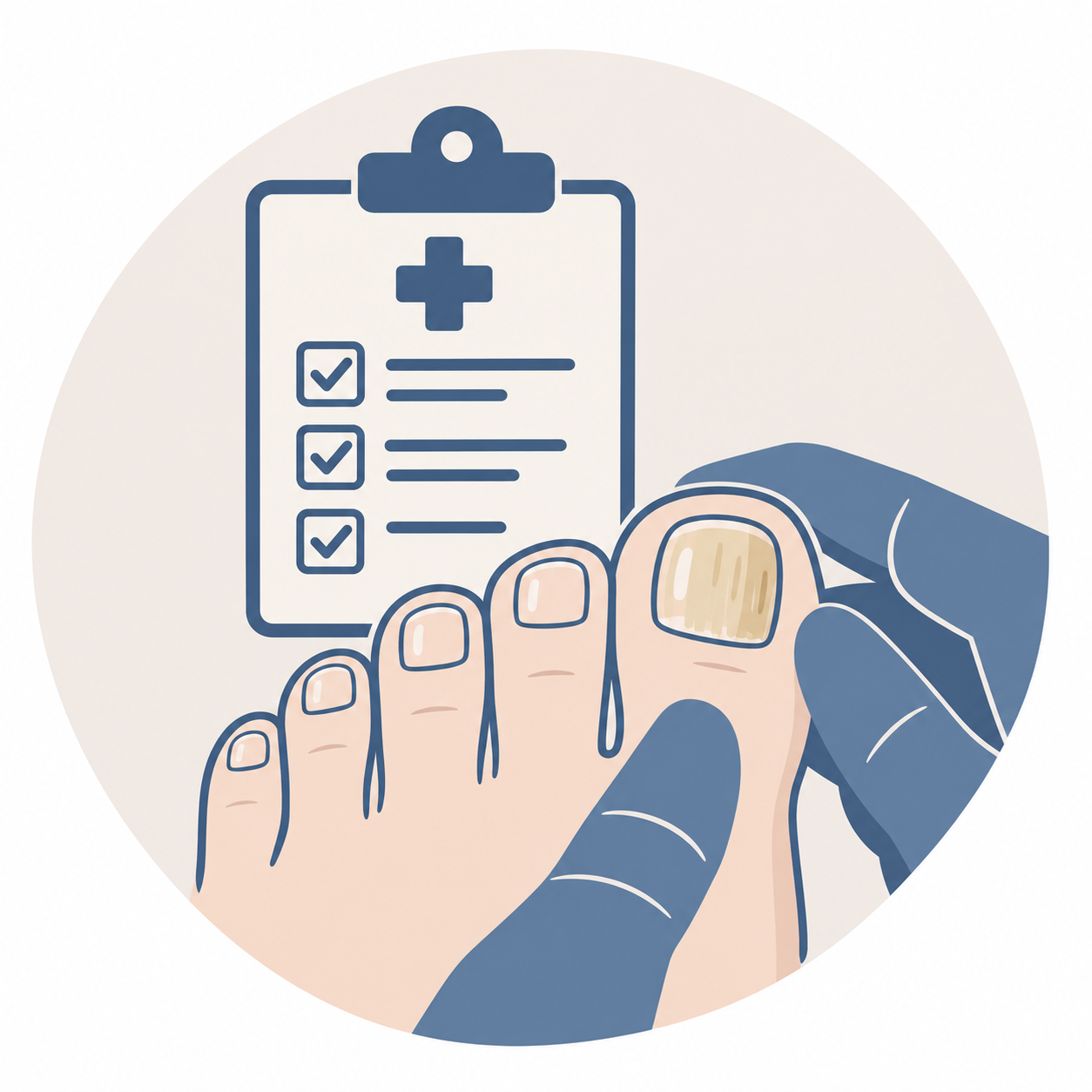 Illustration of a hand with dirty nails, holding a fingernail with dirt underneath, with a clipboard featuring a medical checklist and a medical cross in the background.