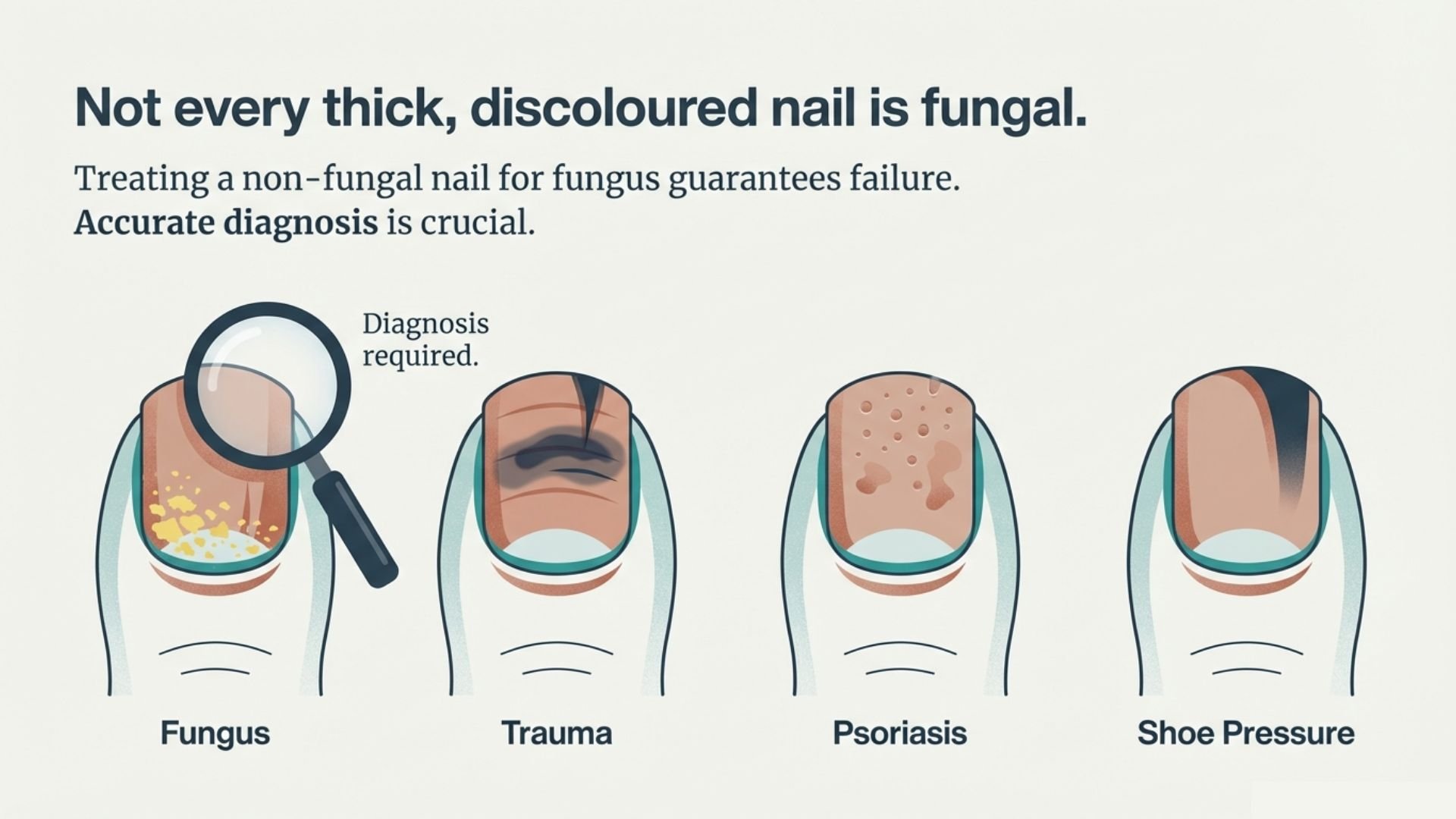 Diagram showing four different causes of discolored nails: fungus, trauma, psoriasis, and shoe pressure, with the fungus nail requiring diagnosis.