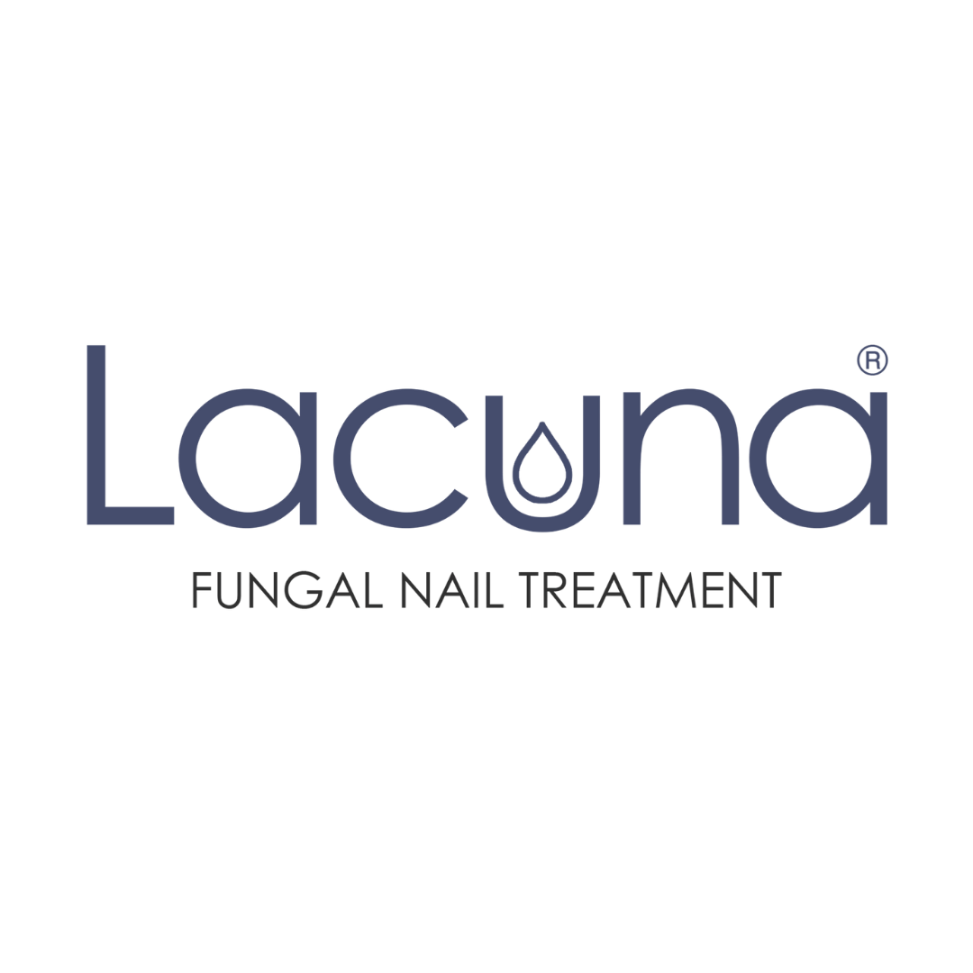 Lacuna Fungus Nail Treatment logo with a black background and blue and black text