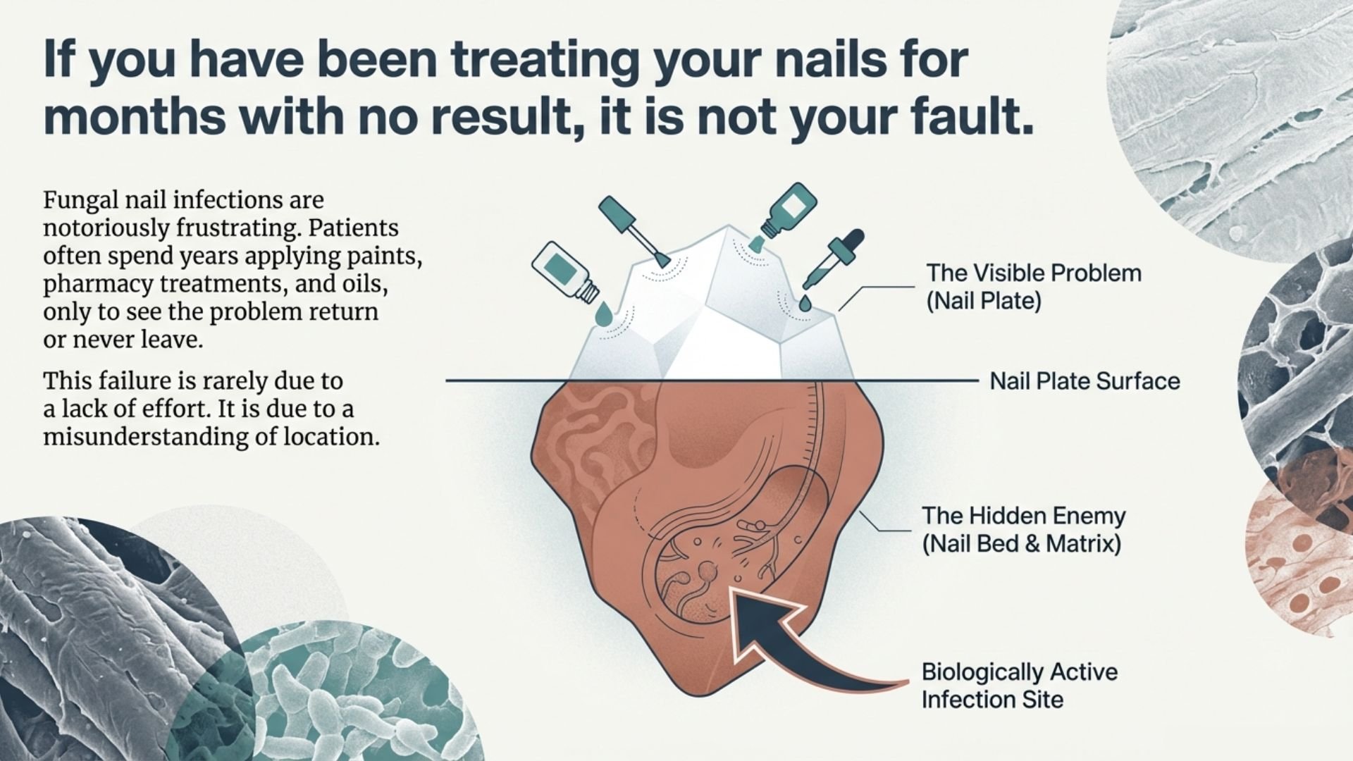 Diagram showing the causes of fungal nail infections, including the biologically active infection site, the nail bed and matrix, the nail plate surface, and the visible problem, or nail plate.