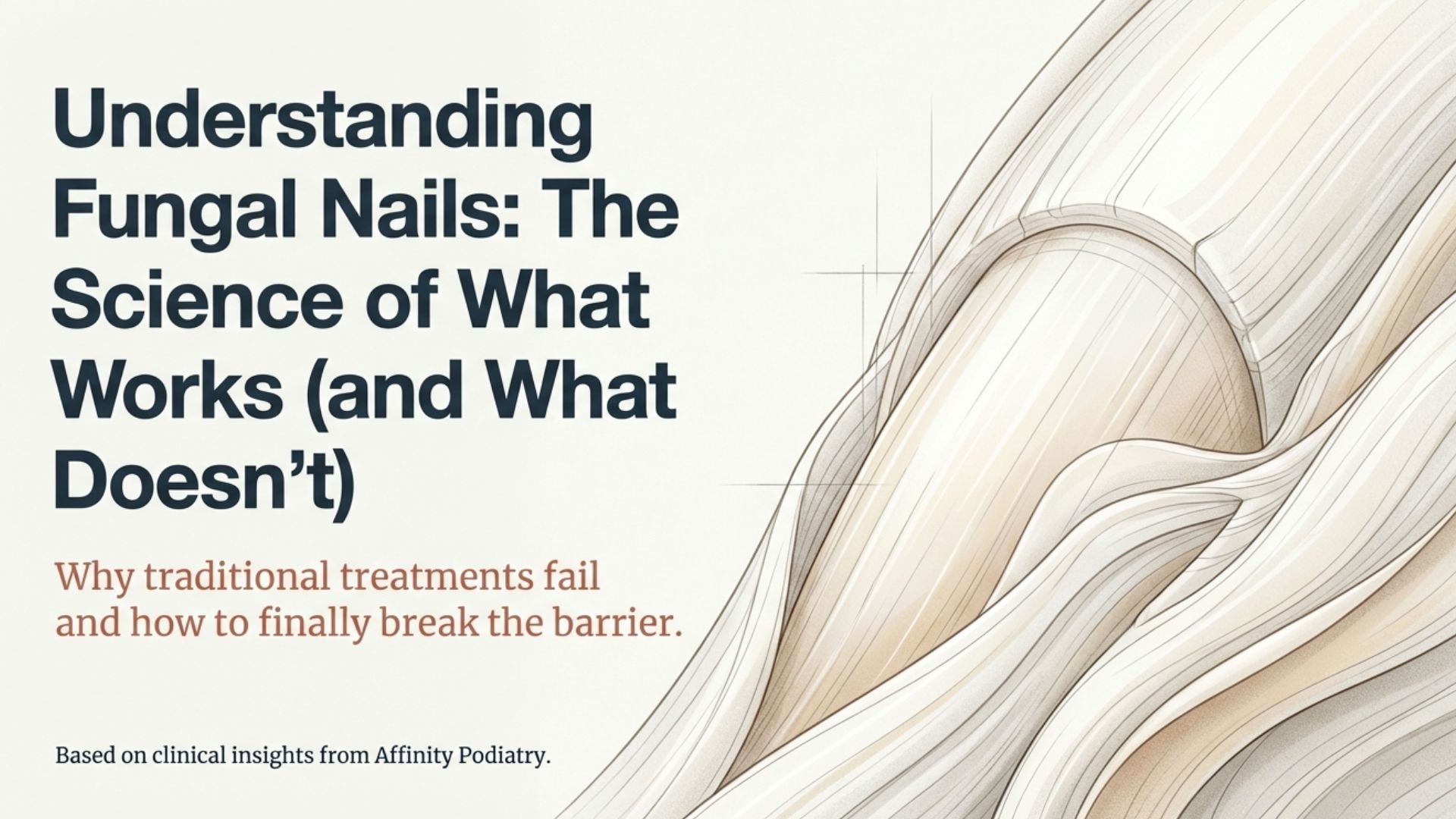 Title slide with the text 'Understanding Fungal Nails: The Science of What Works (and What Doesn’t)', a subtitle about traditional treatments failing, and an abstract illustration of a human foot with toenails.