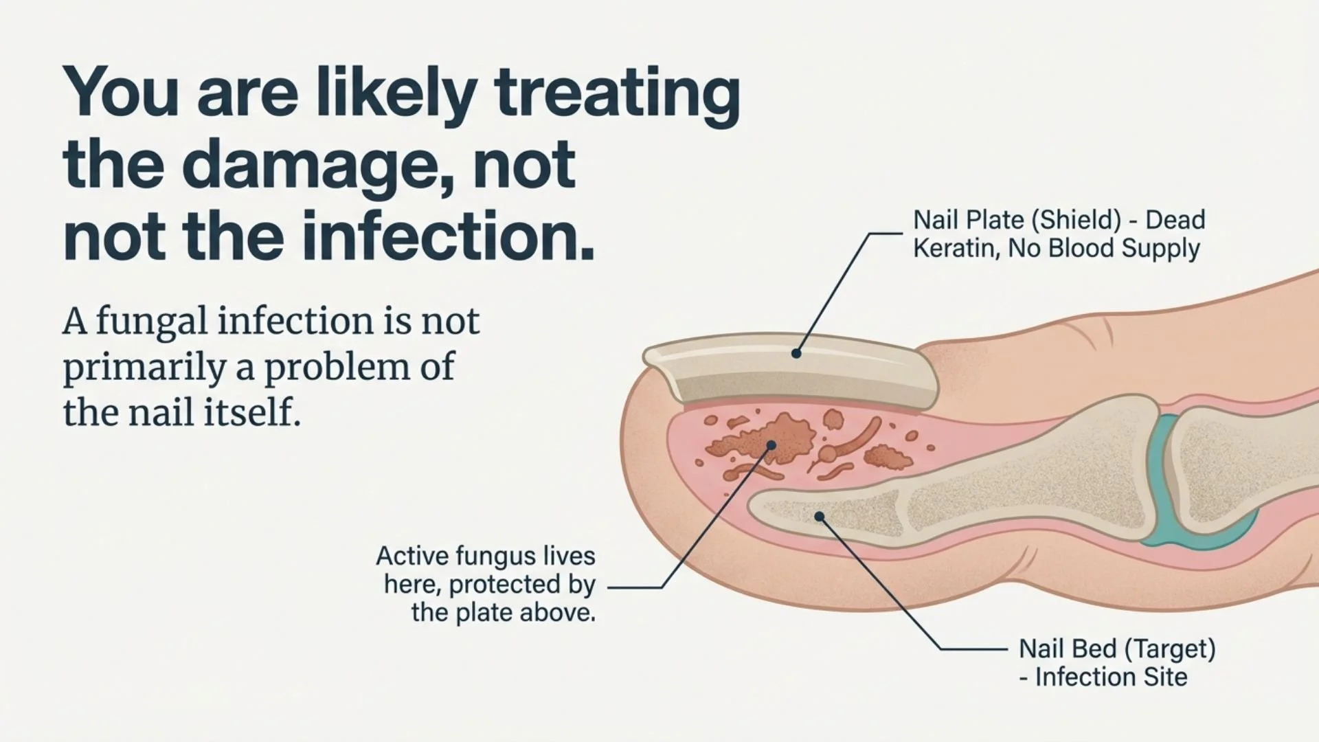 Diagram of a toenail with a fungal infection showing a nail plate, nail bed, and fungal presence. The nail plate is depicted as dead keratin without blood supply. The active fungus is within the nail bed, protected by the nail plate. Labeling indicat