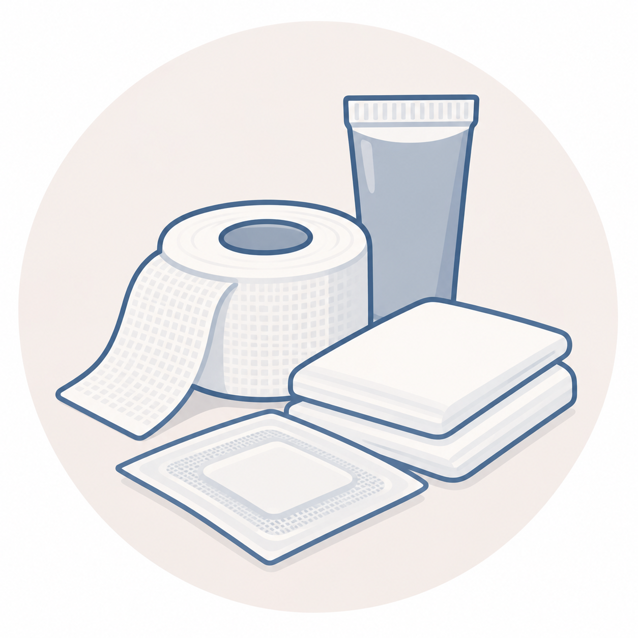 A collection of medical supplies, including a roll of adhesive tape, a tube of ointment, folded gauze pads, a rectangular medicated pad, and a square adhesive bandage.