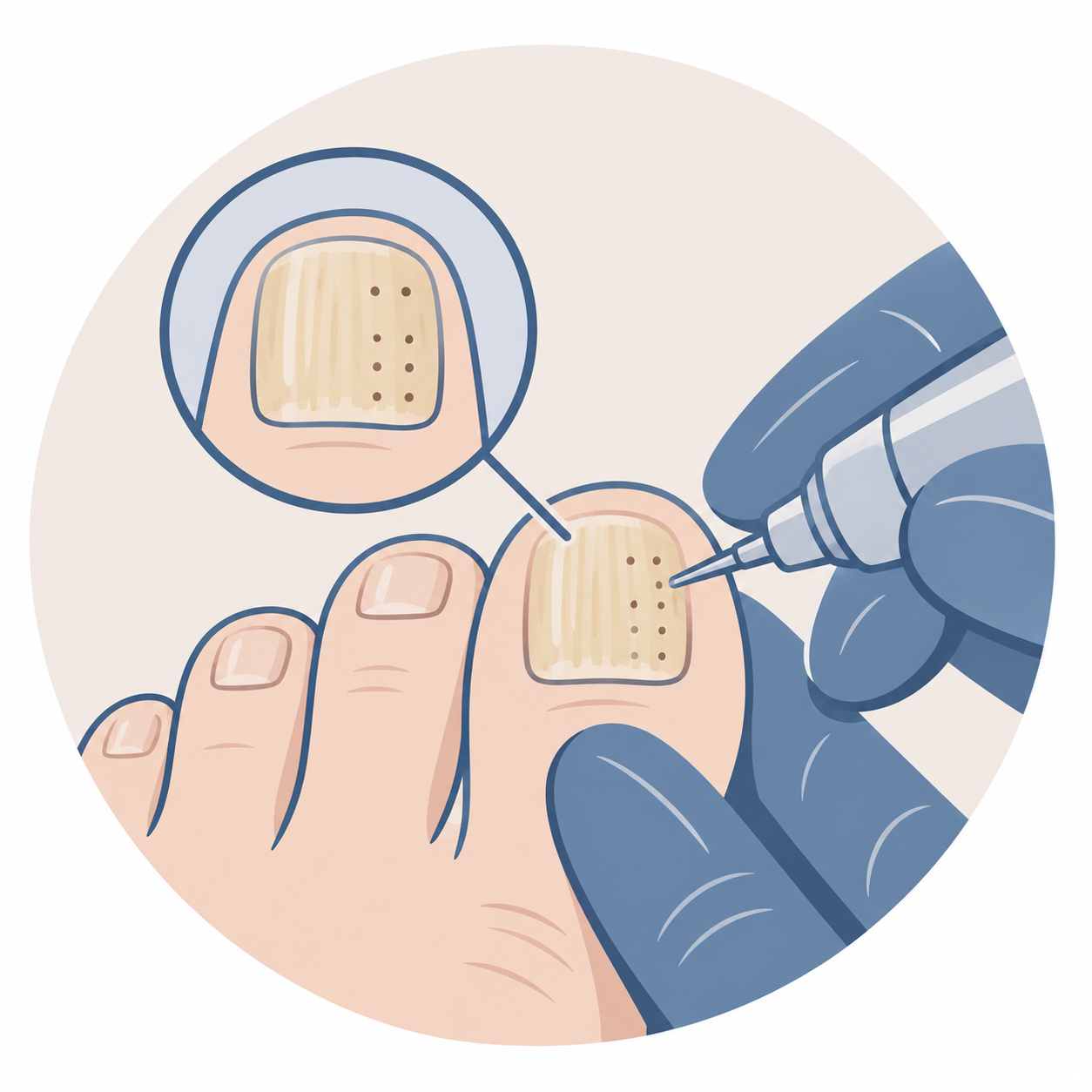 Illustration of a person using a device to treat a fingertip wound with a detailed view of the wound and a close-up of the treatment process.