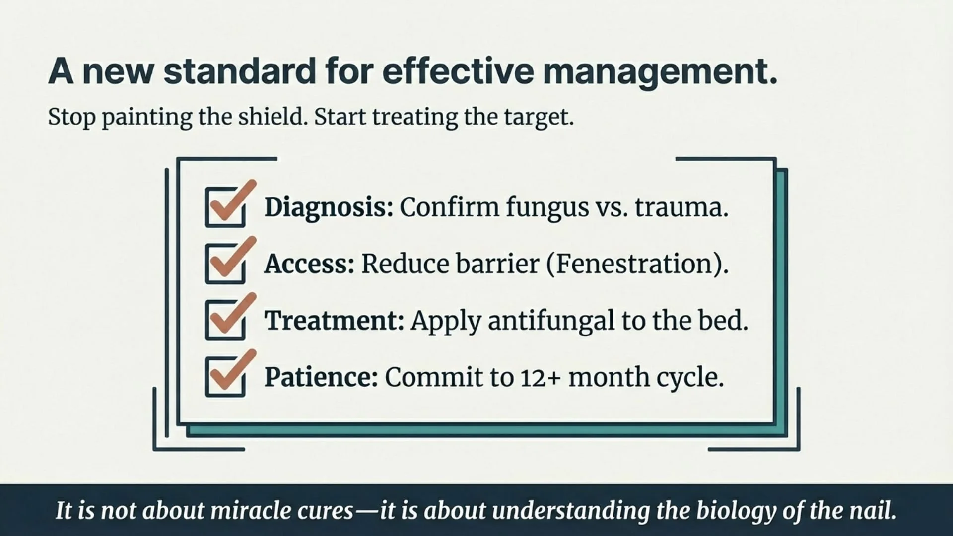 A presentation slide titled 'A new standard for effective management' listing four steps: Diagnosis, Access, Treatment, Patience, with checkmarks next to each.