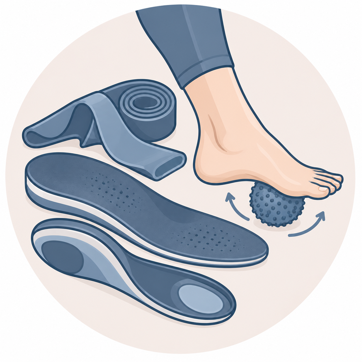 A person using a massage ball and foam roller to massage their foot, with a yoga mat and strap nearby.