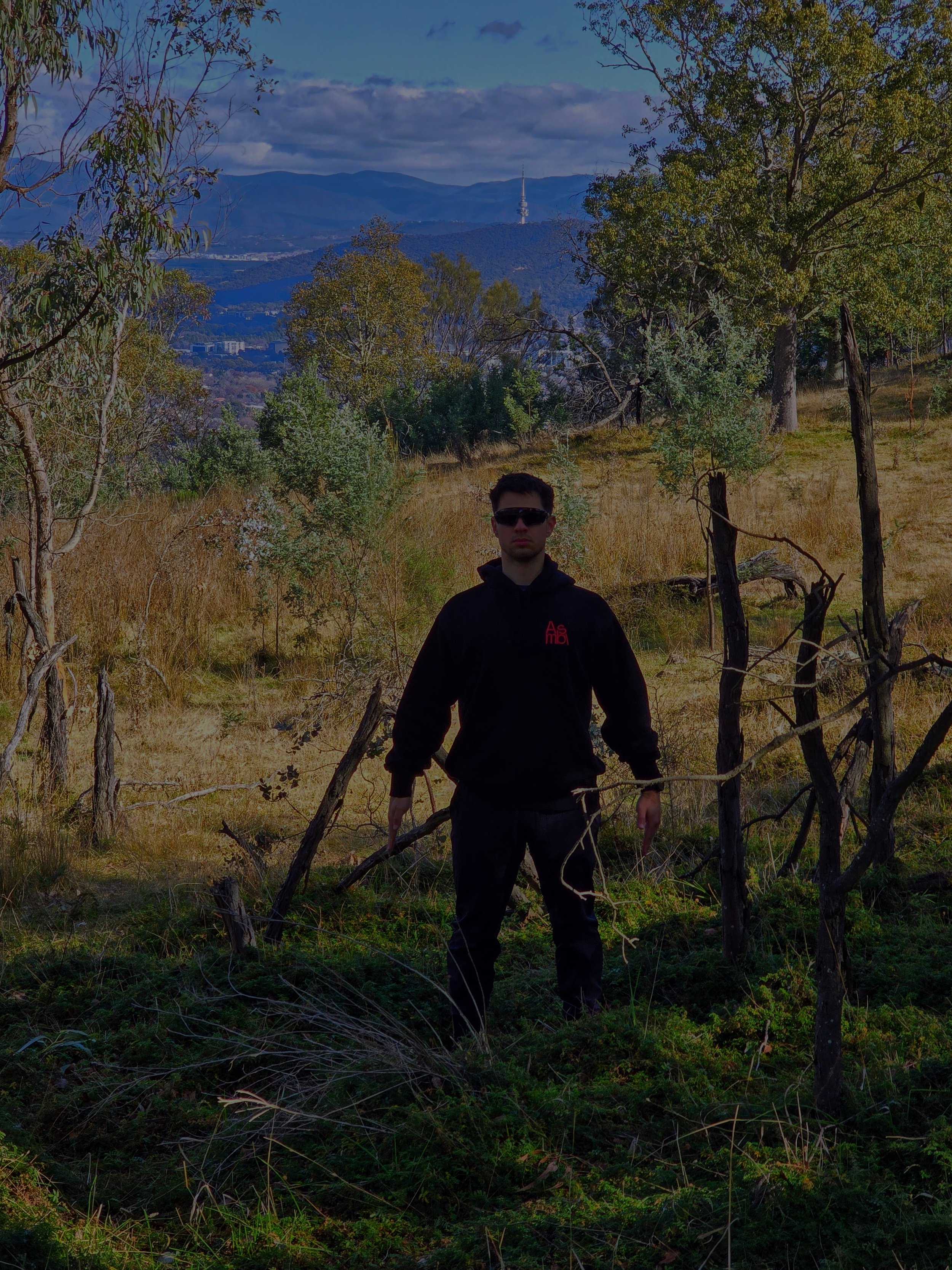 A young man standing in a grassy, wooded area with sparse trees, mountains in the distance, and a city skyline, wearing dark clothing and sunglasses.