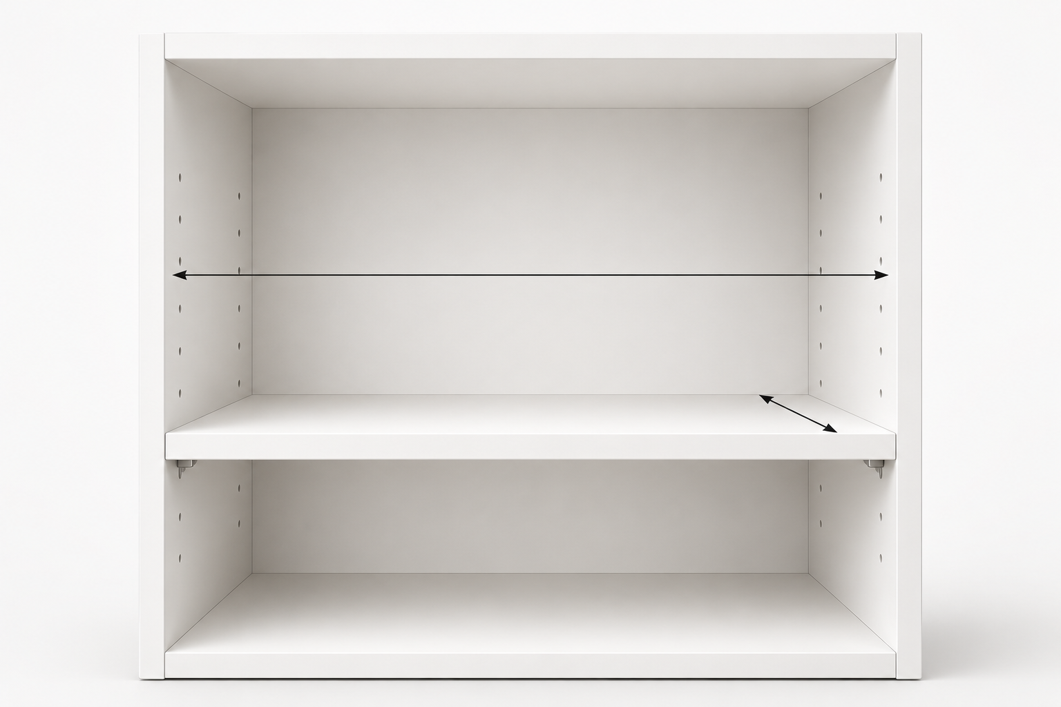 Technical line diagram of a cabinet carcass showing internal width and depth measurement points for ordering a custom cut shelf