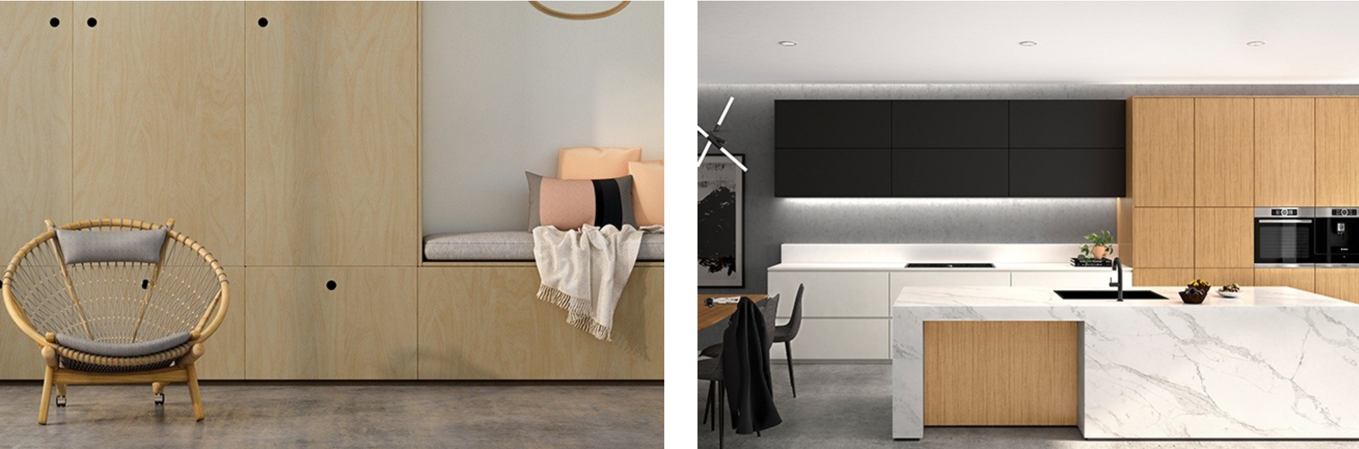 Collage of timber laminate wardrobes and a modern kitchen, highlighting contemporary design and craftsmanship