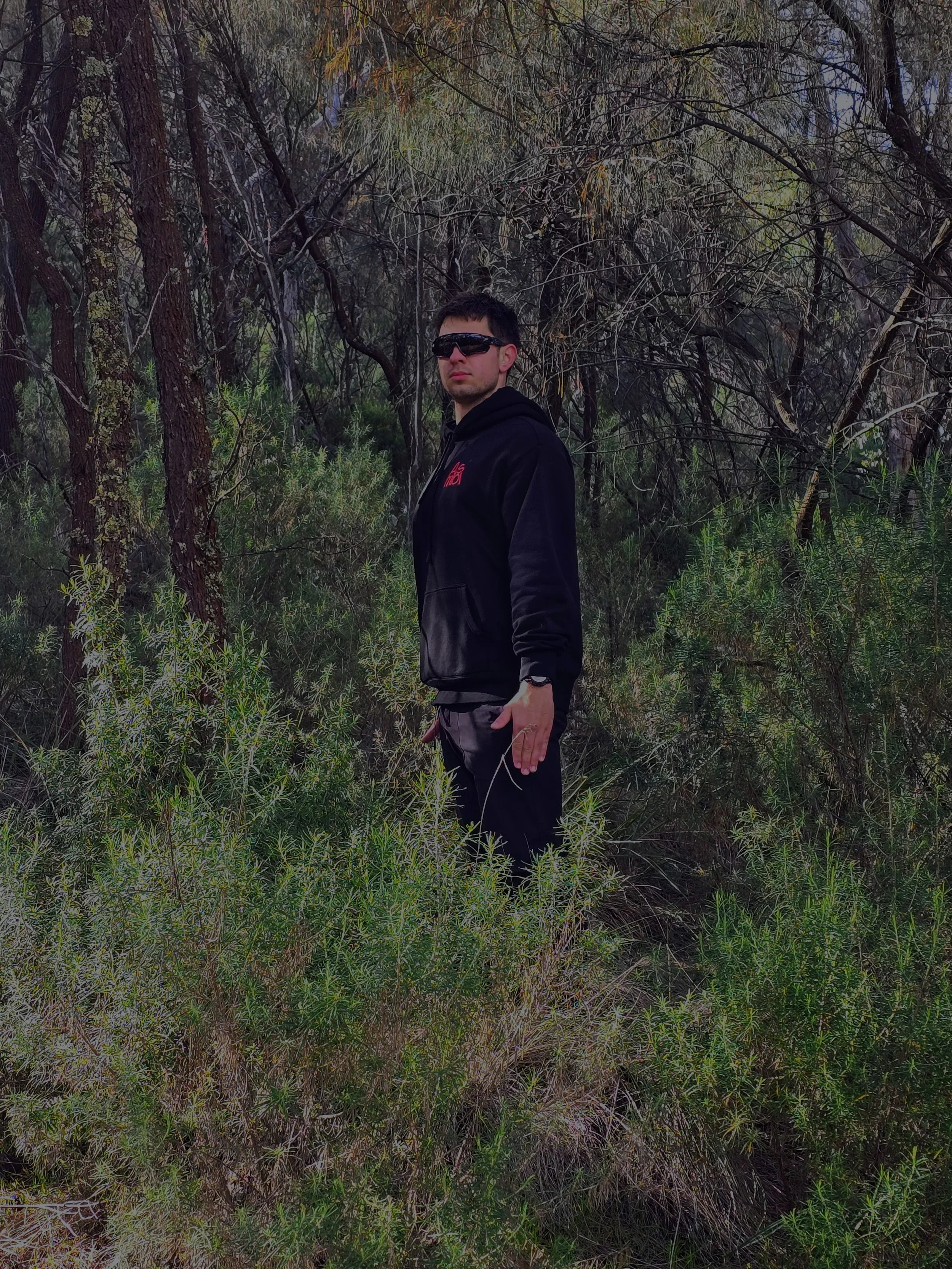 Young man wearing a black hoodie and sunglasses standing in wooded area with dense green bushes and trees.