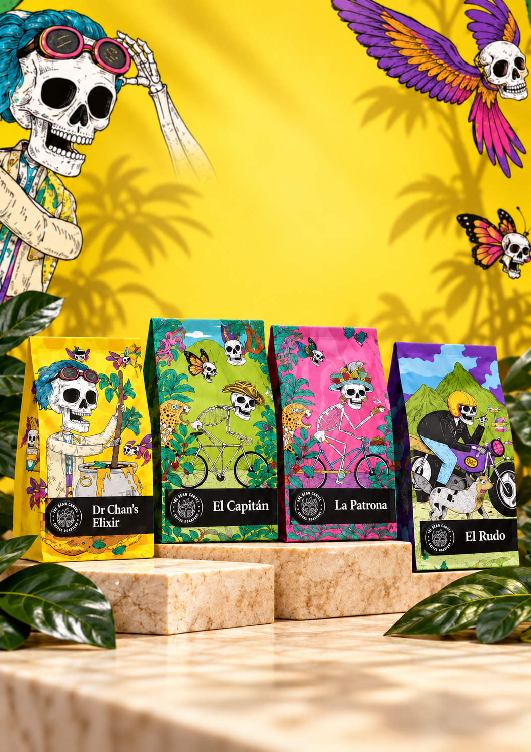 Vibrant Tropical Coffee Bag Display.png