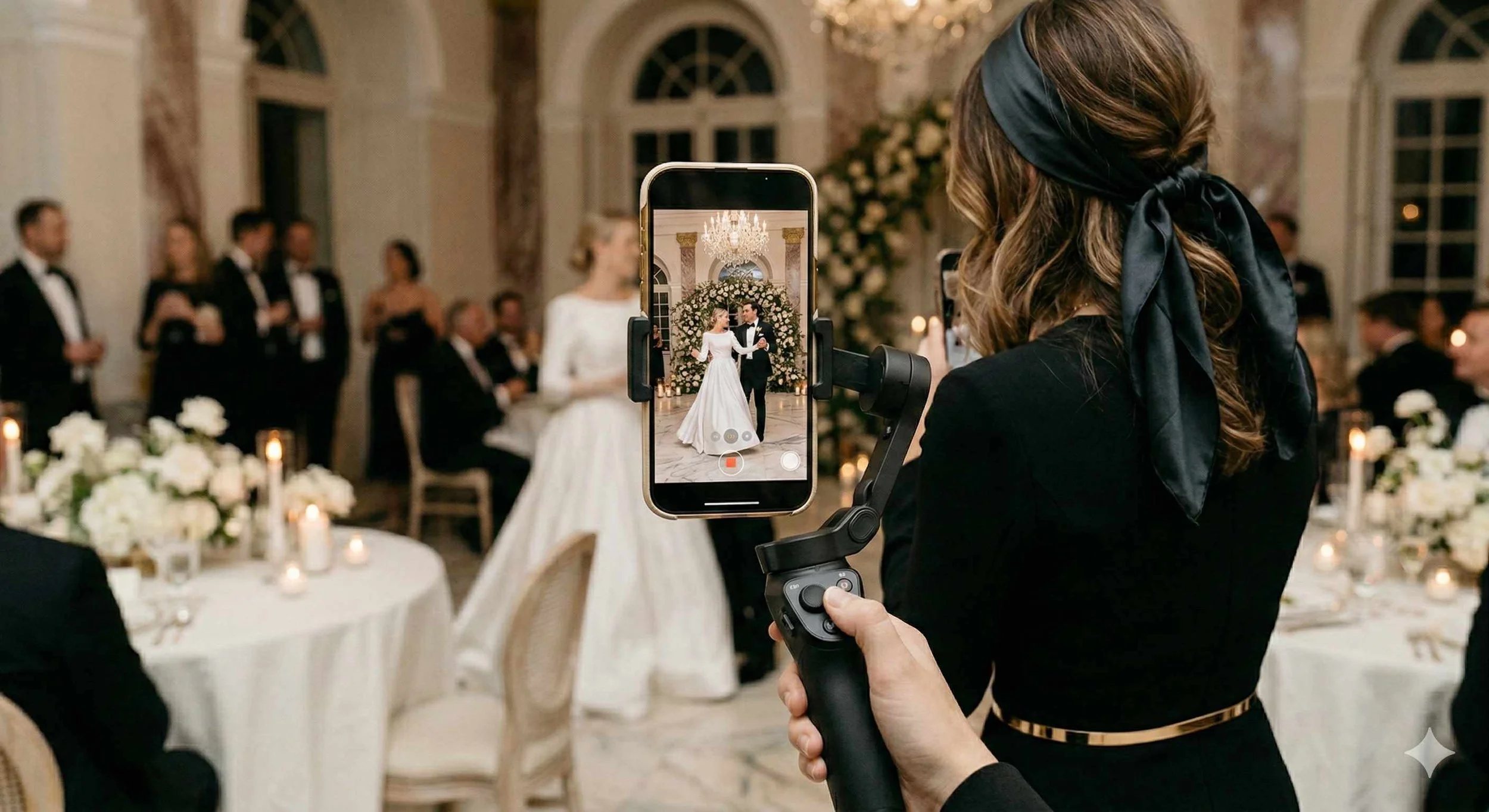 A woman with brown hair and a black headband takes a photo of a bride and groom dancing at their wedding in an elegant, chandelier-lit venue with white flowers and candles.