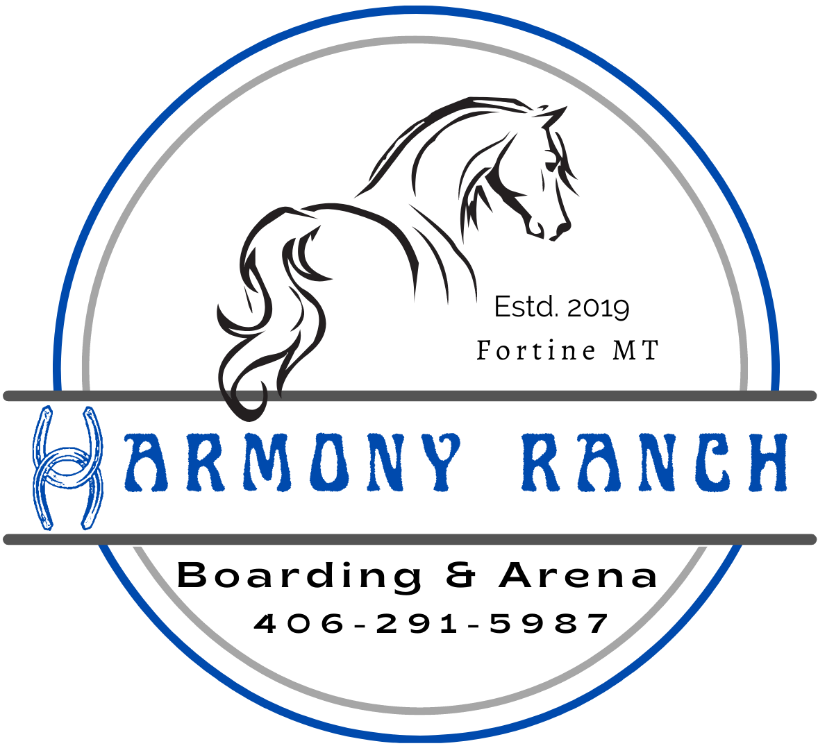 Logo for Harmony Ranch with a black horse head outline above the text 'Harmony Ranch' in blue, enclosed in circles with gray and blue borders, and a blue horseshoe on the left side.