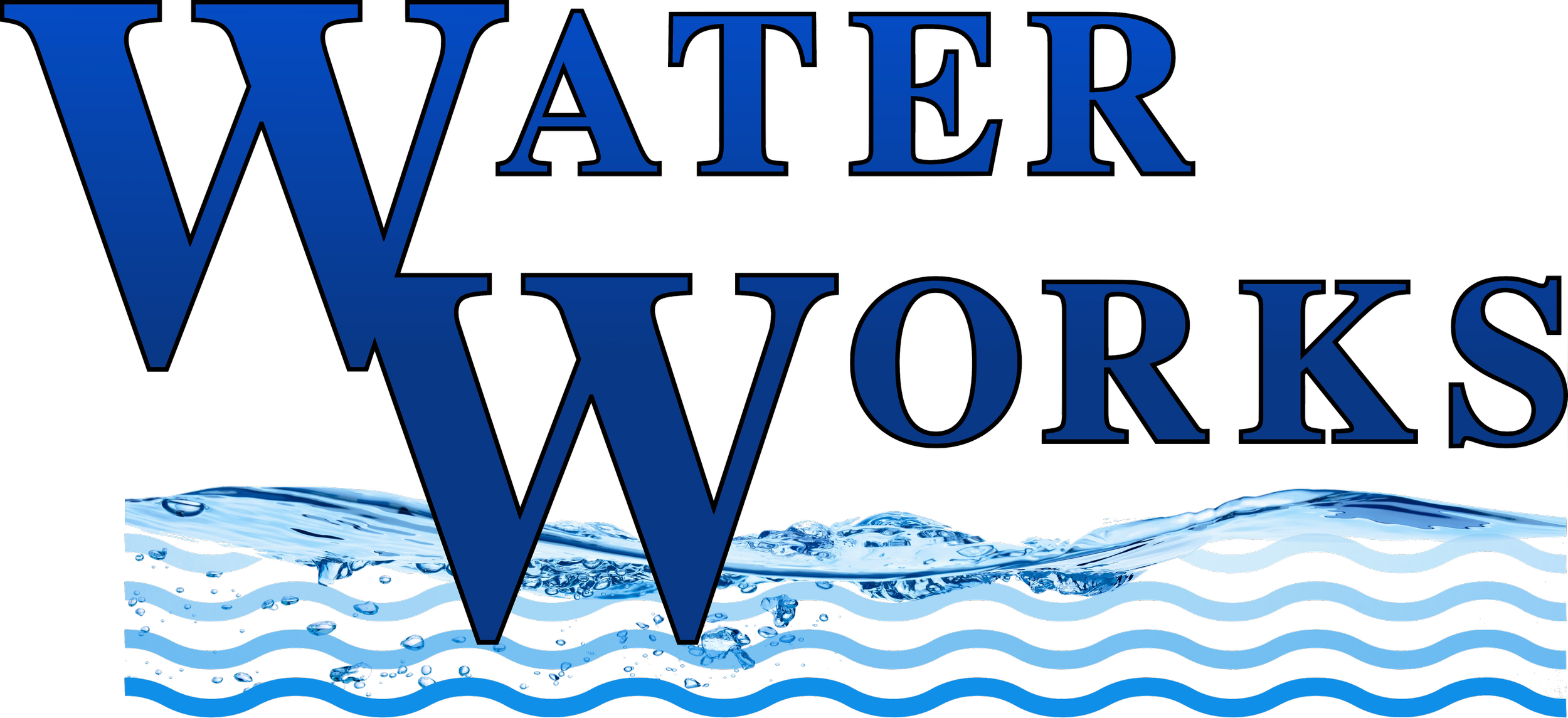 Text saying 'WATER WORKS' with the words in blue and black outlined letters, and water splashing below with waves and bubbles.