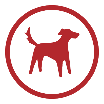 Red silhouette of a dog inside a red circle.