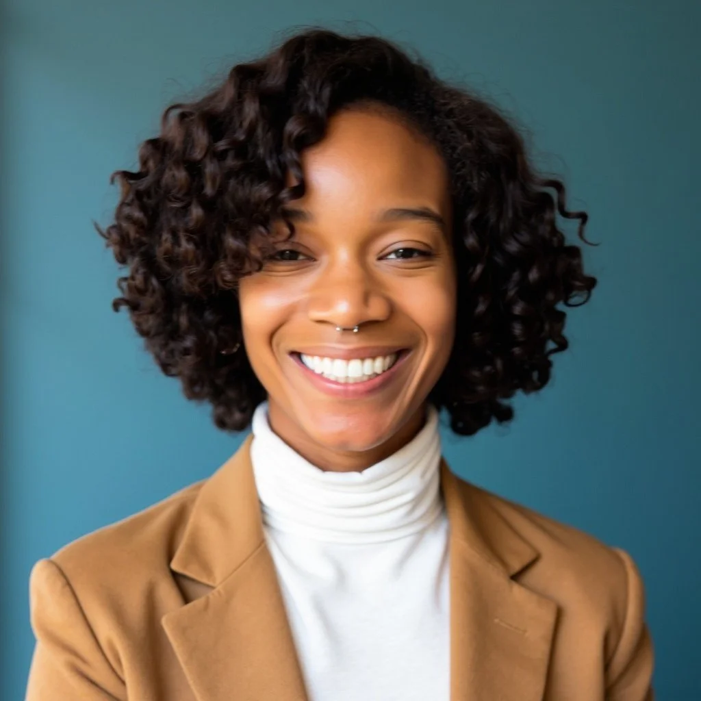 A young woman with curly hair, wearing a white turtleneck and a brown blazer, smiling against a blue background.