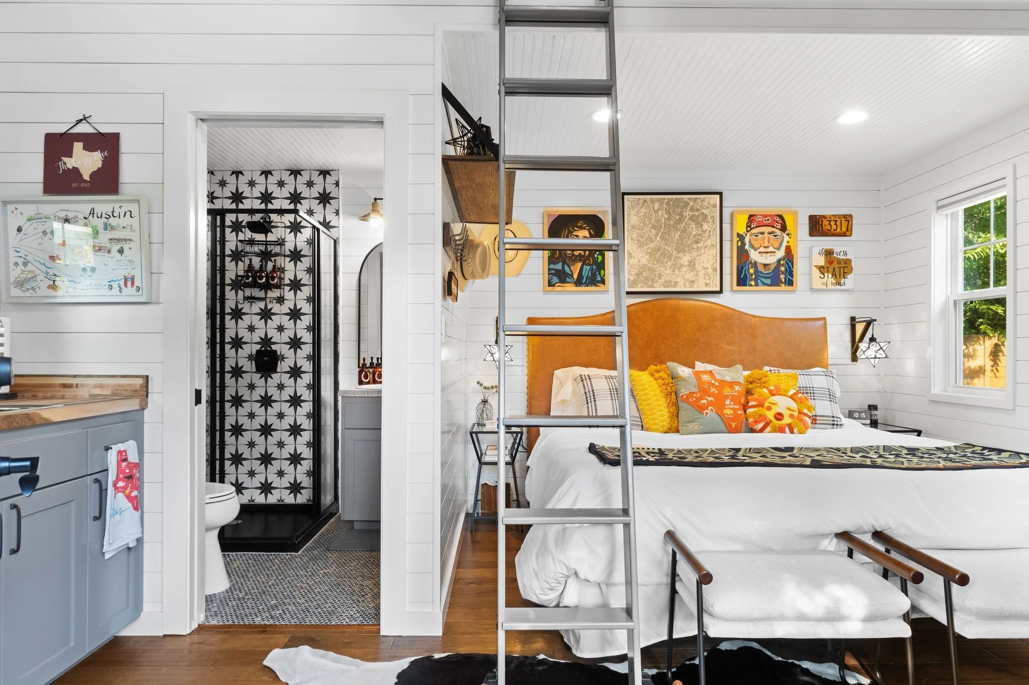 Main sleeping area, ladder to loft, bathroom and kitchenette. 