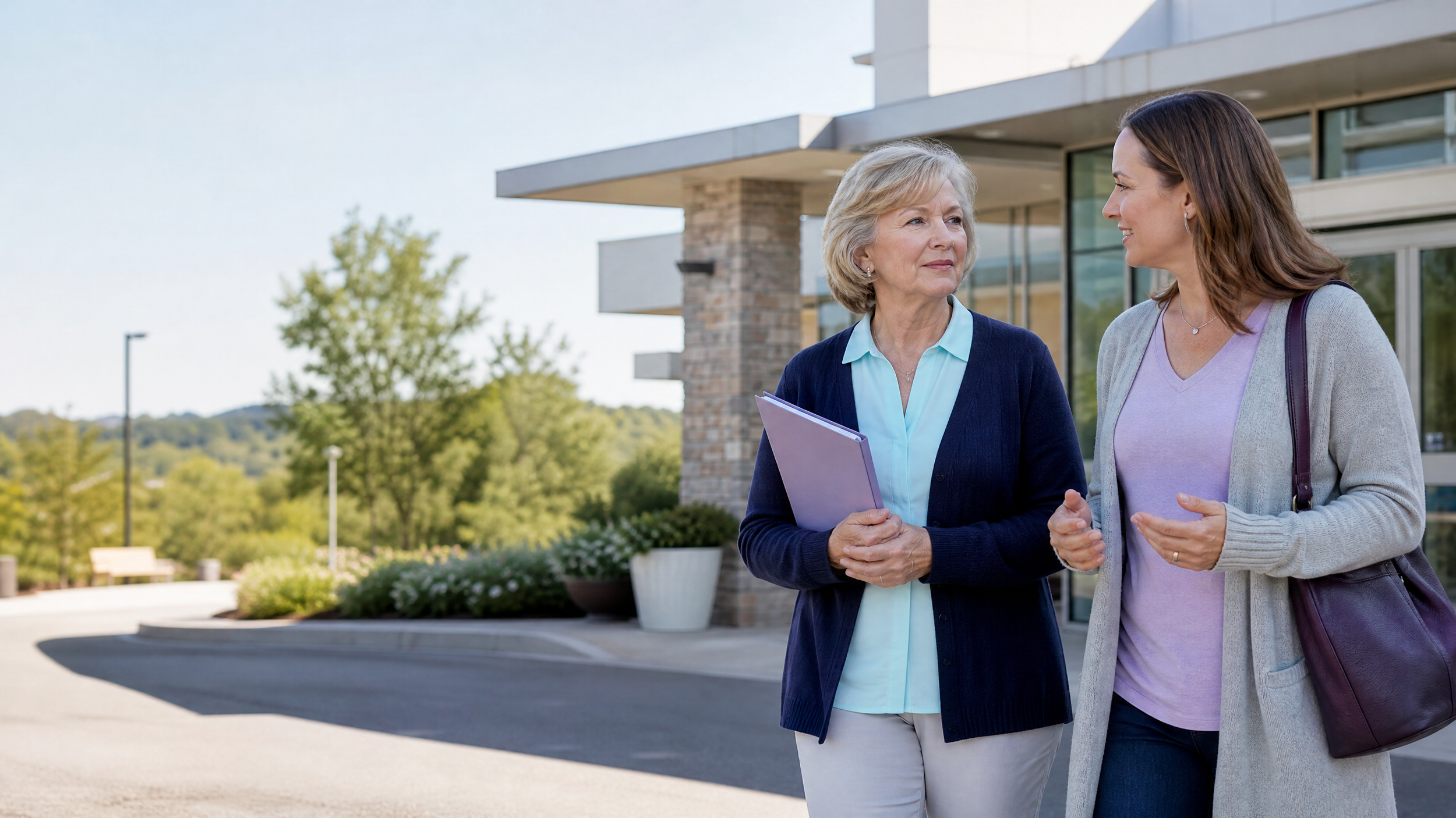 Older woman and family member walking outside a regional hospital after an appointment