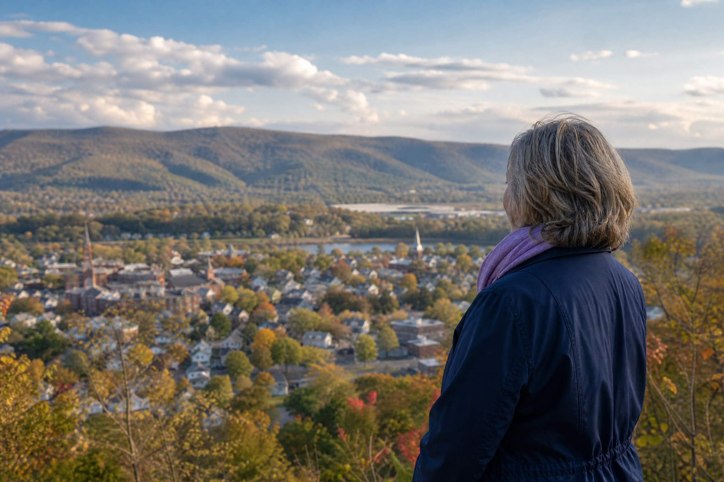 Woman looking over a Central Pennsylvania small town and rolling ridgelines in early fall