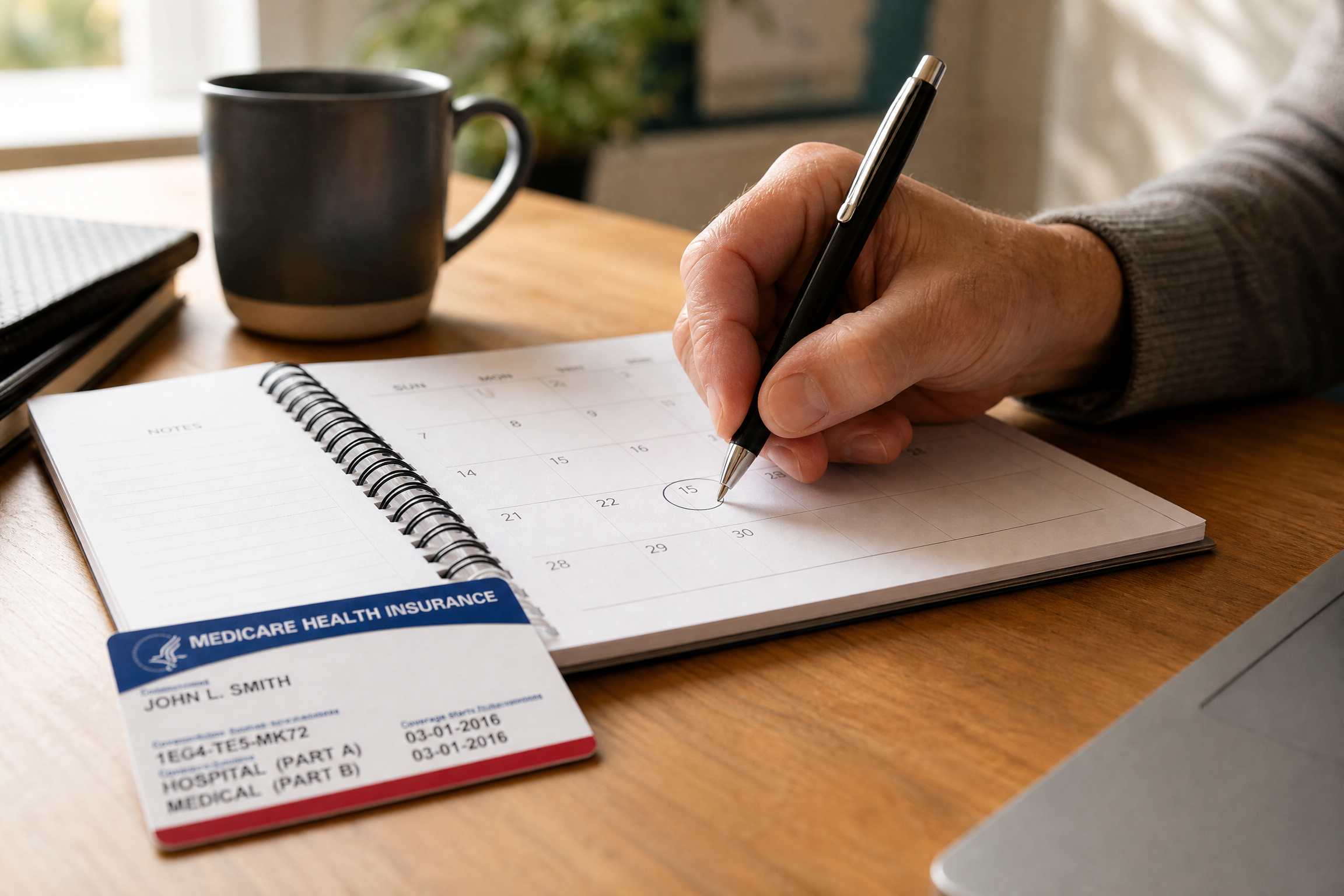 Person circling a date on a calendar planner next to a Medicare health insurance card, representing Medicare enrollment timing