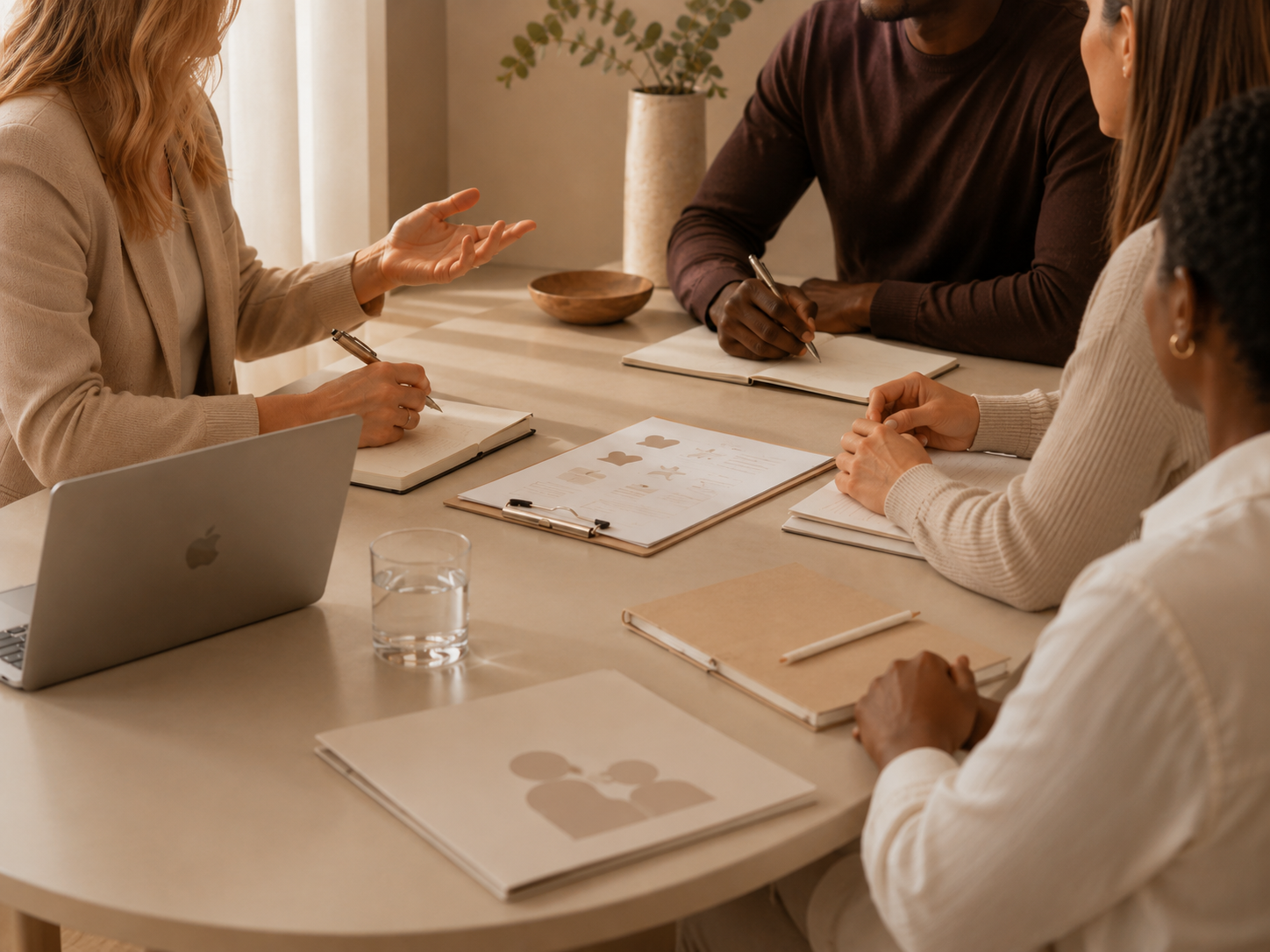 “Education consultant leading a school team meeting about student support systems”