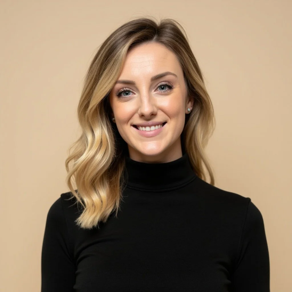 A woman with shoulder-length wavy blonde hair, blue eyes, and fair skin, smiling and wearing a black turtleneck sweater against a beige background.
