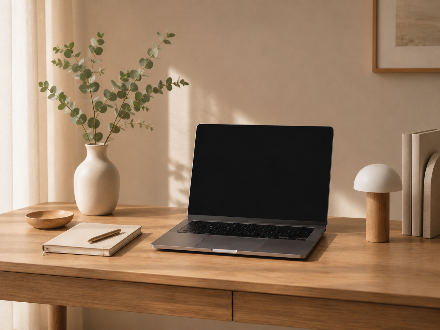 A wooden desk with a laptop, a notebook with a pen, a small wooden bowl, a white vase with eucalyptus branches, a small lamp, and books, set in a room with natural light and beige walls.