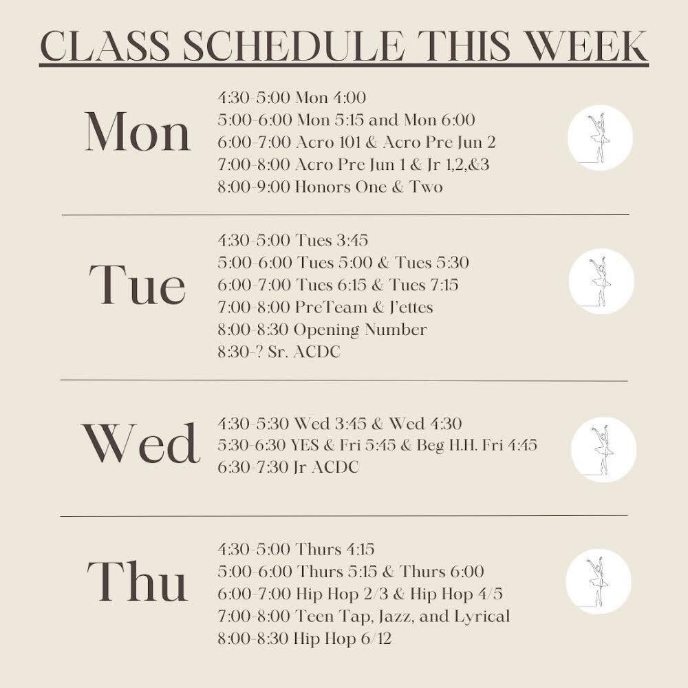 Just a reminder that we will be at MMA all week leading up to recital! Make sure you double check the time for your class!