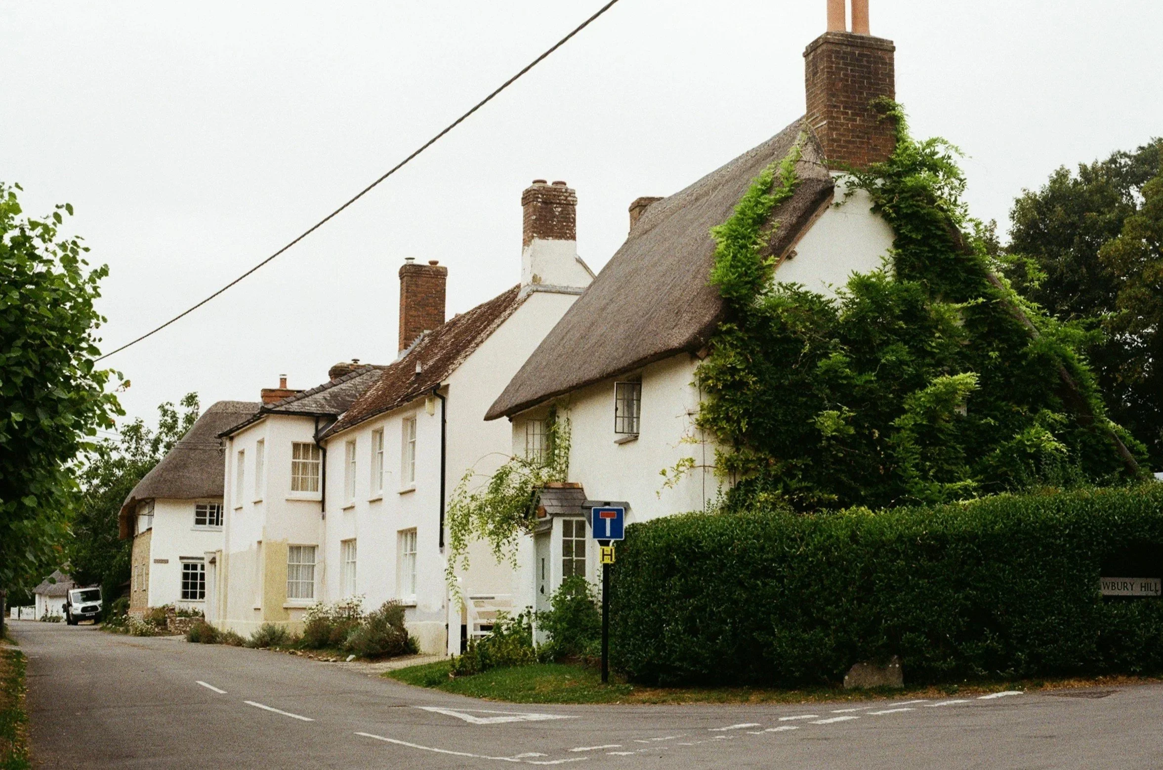 Row of white houses with thatched roofs and brick chimneys along a street, with trees and greenery surrounding the area.