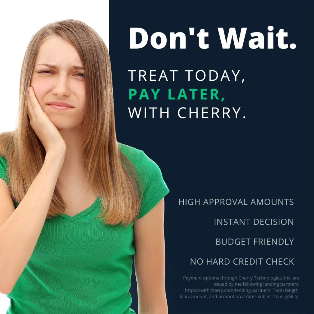 We offer payment options to care of your emergency dental needs. Charge it to Cherry now, and pay later✨

🍒 Apply in seconds
🍒 No hard credit checks
🍒 No hidden costs or fees
🍒 Enjoy flexible payment options

Book your appointment online or give 