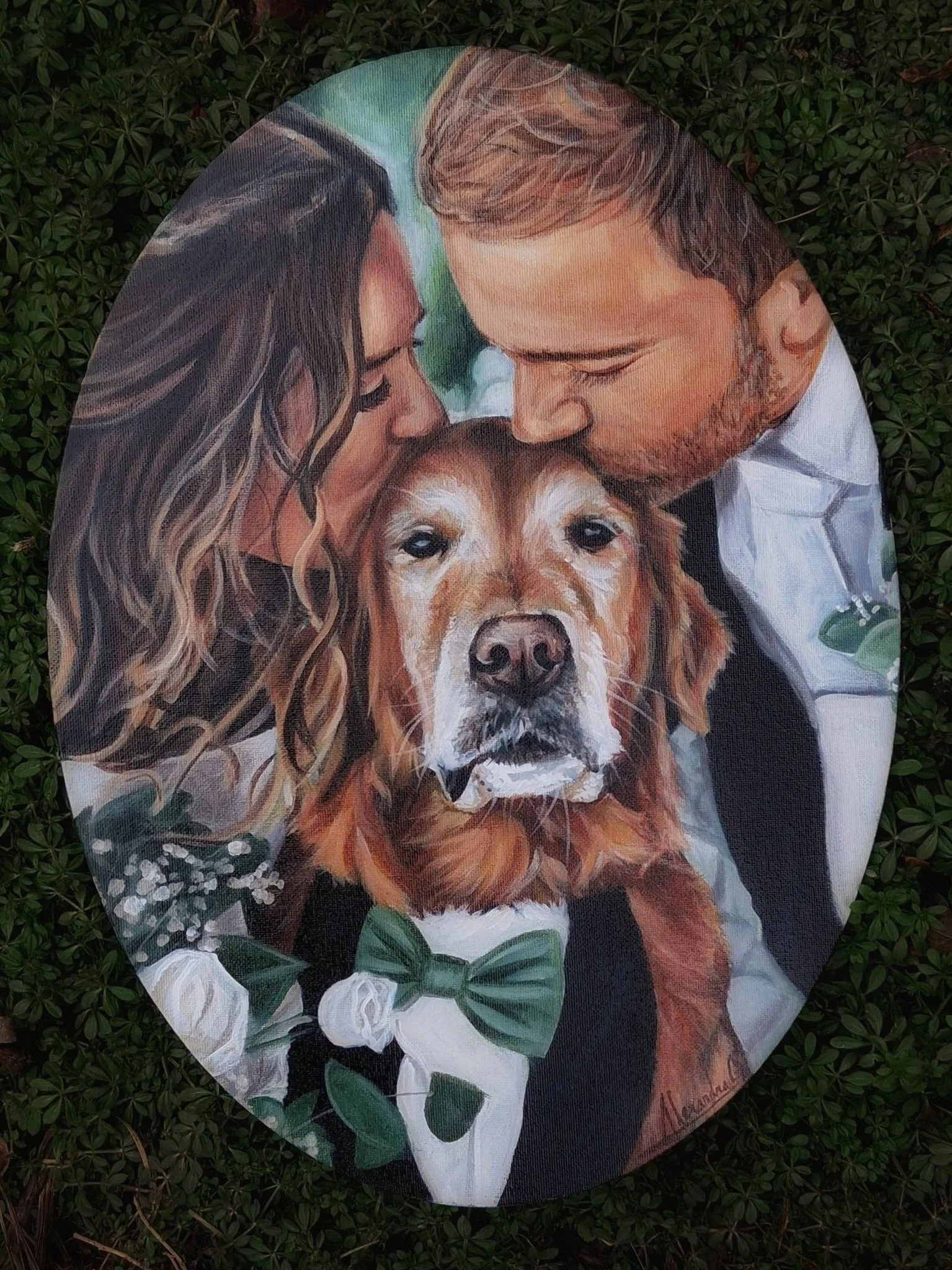 bride and groom painted with dog, how much is a weddin painter? how much do live wedding paintings cost?