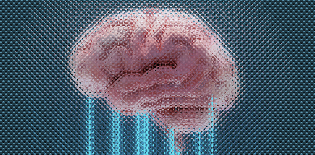An illustrative pink brain with blue lines emanating
