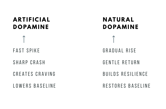 A 2-column table comparing artificial dopamine to natural dopamine. Fast spike compared to gradual rise, for example.
