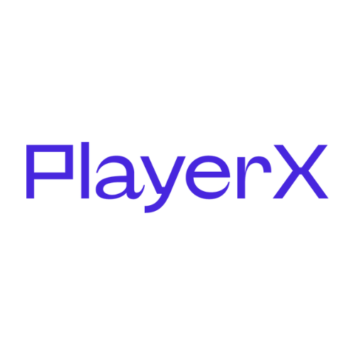 Logo with the text "PlayerX" in purple letters.