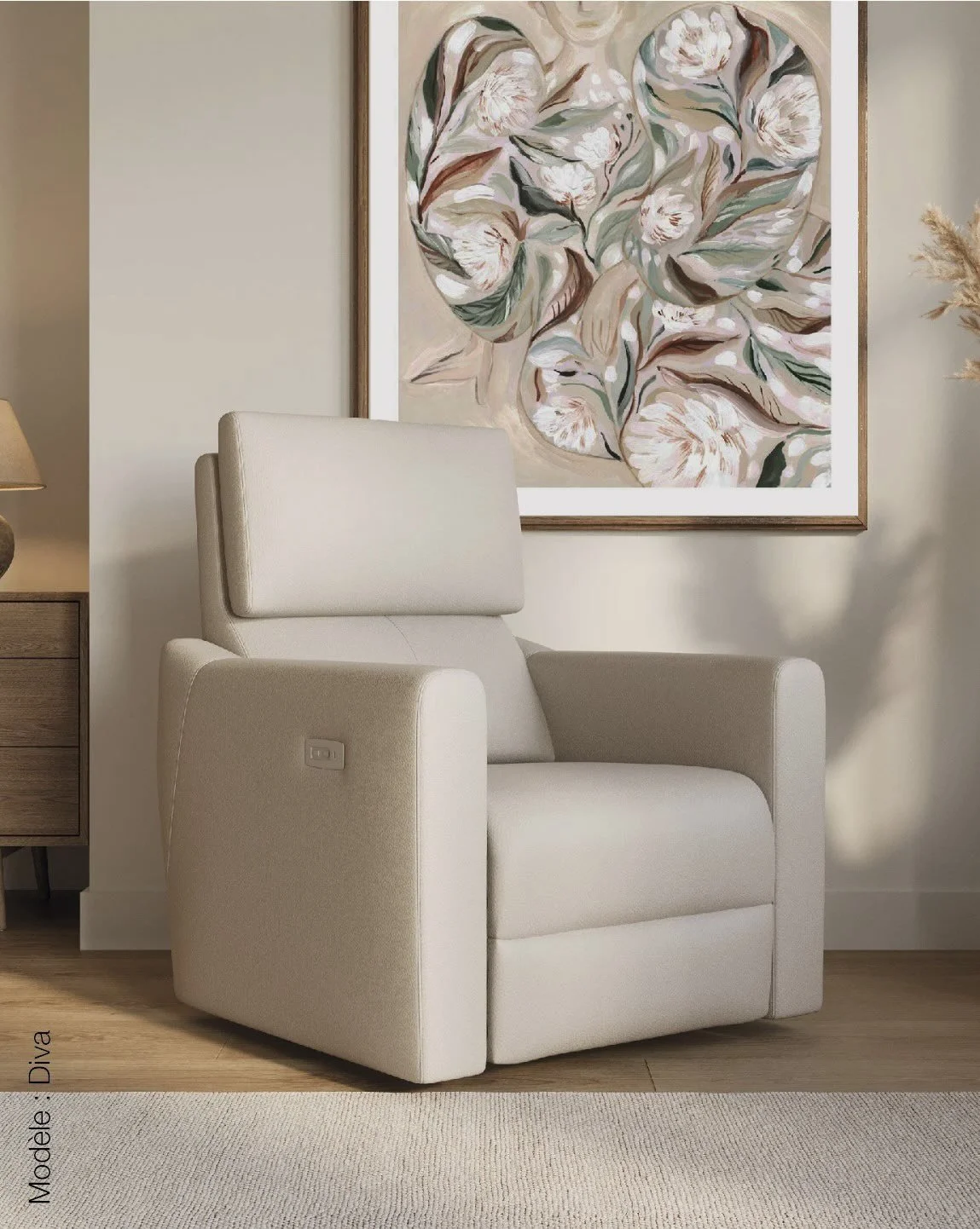 Le fauteuil Diva est n&eacute; d&rsquo;un savoir-faire artisanal qu&eacute;b&eacute;cois ; en alliant des formes &eacute;pur&eacute;es et modernes &agrave; une conception pens&eacute;e pour durer.
Ses accoudoirs montants apportent une touche d&rsquo;