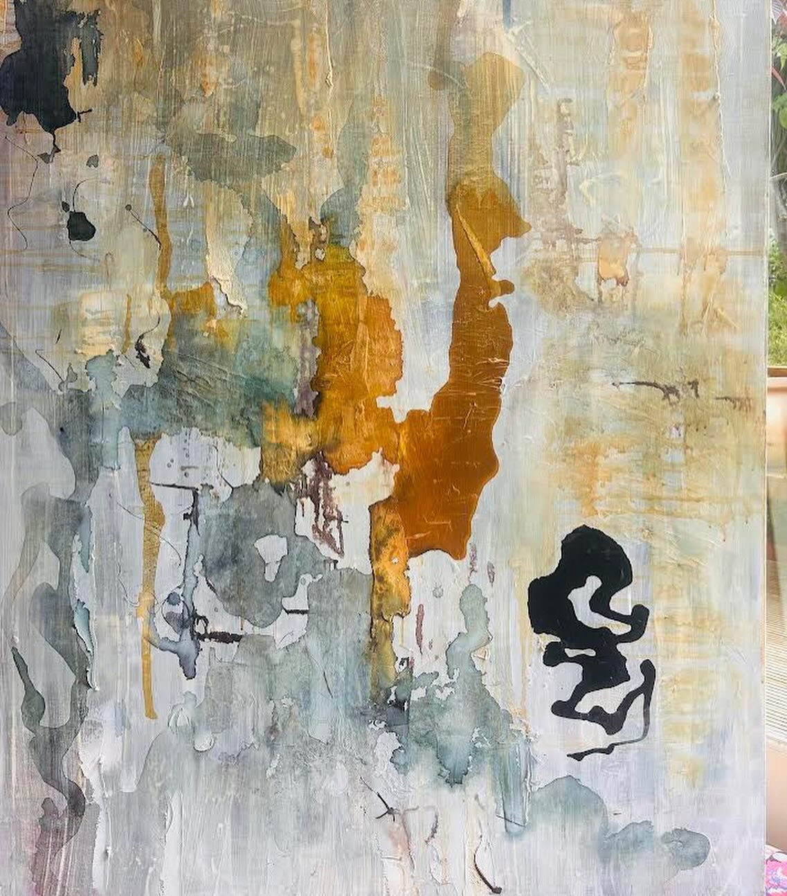 Aftermath, May 2024. A meditation on process in painting. Wonderful to see the latest iteration of this abstract piece by Julia Glyn Pickett and to follow her exploration of process. Here the current work is followed by its original starting point. J