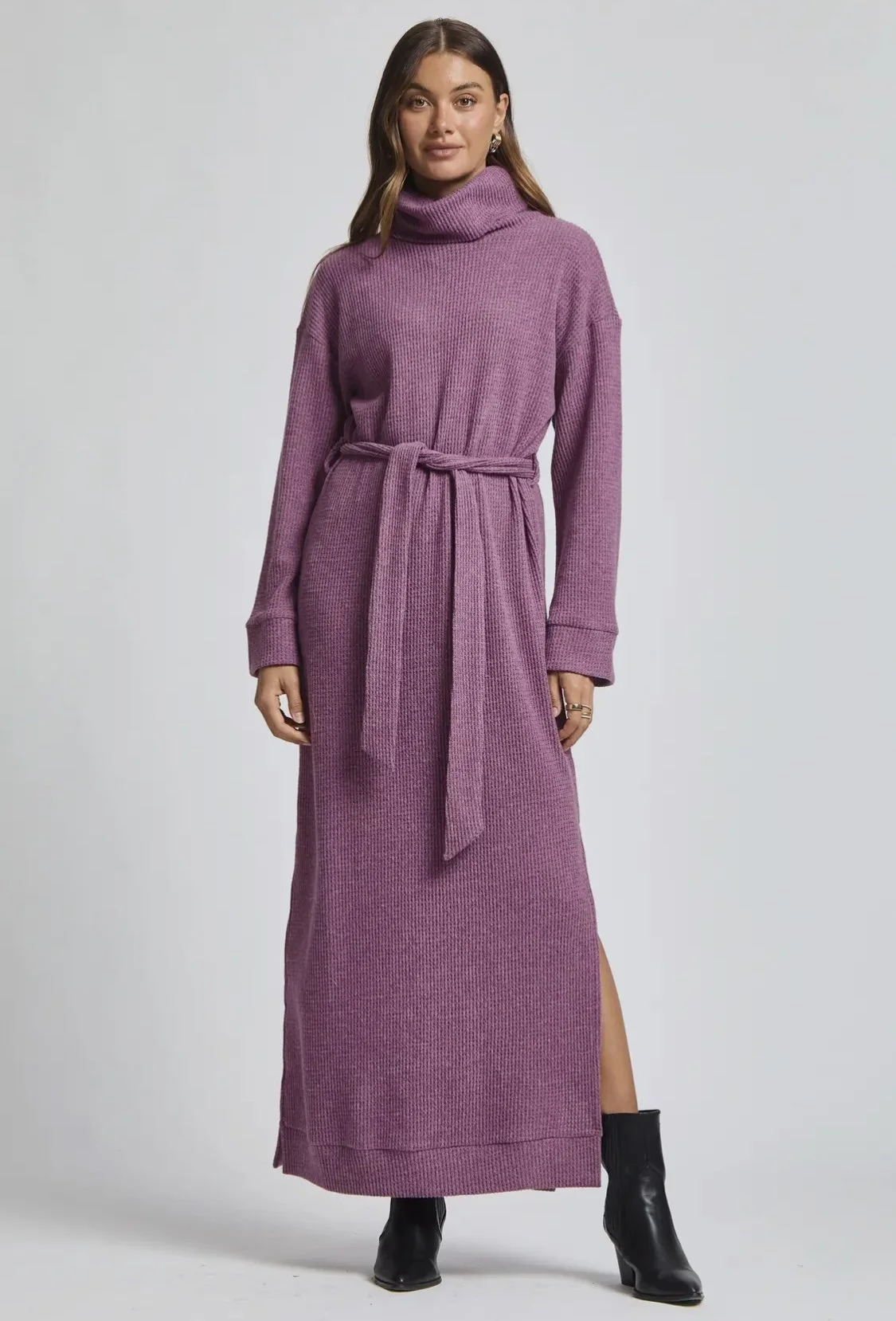 True Violet Tied-Waist Maxi Sweater Dress