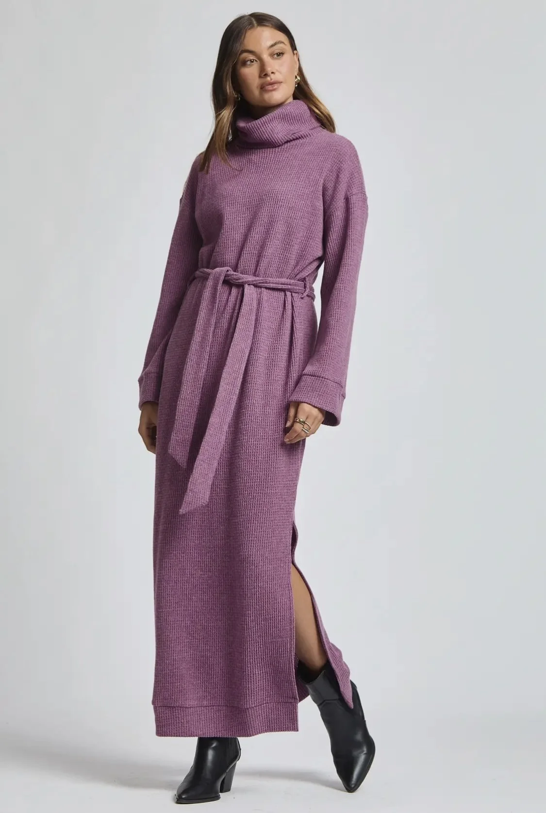True Violet Tied-Waist Maxi Sweater Dress