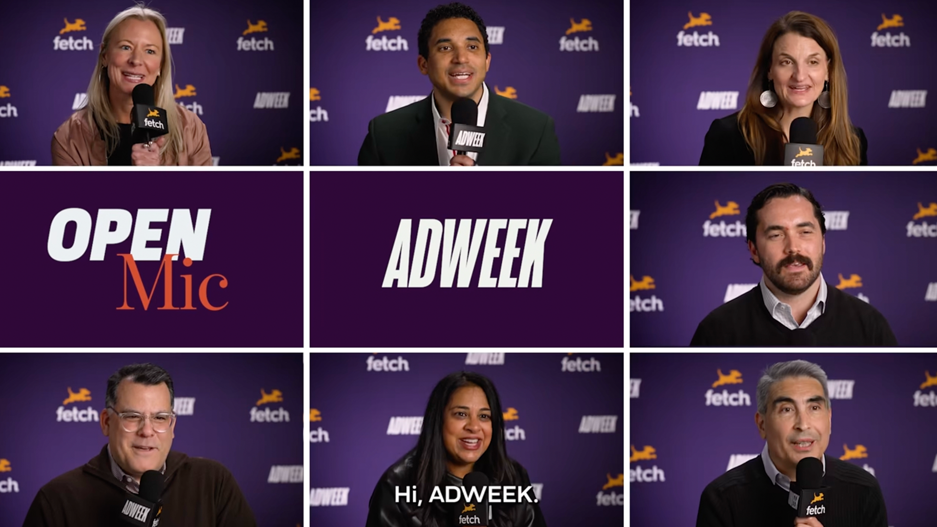 Montage of ADWEEK interview guests speaking on camera against a purple Fetch and ADWEEK backdrop, with Open Mic and ADWEEK graphics