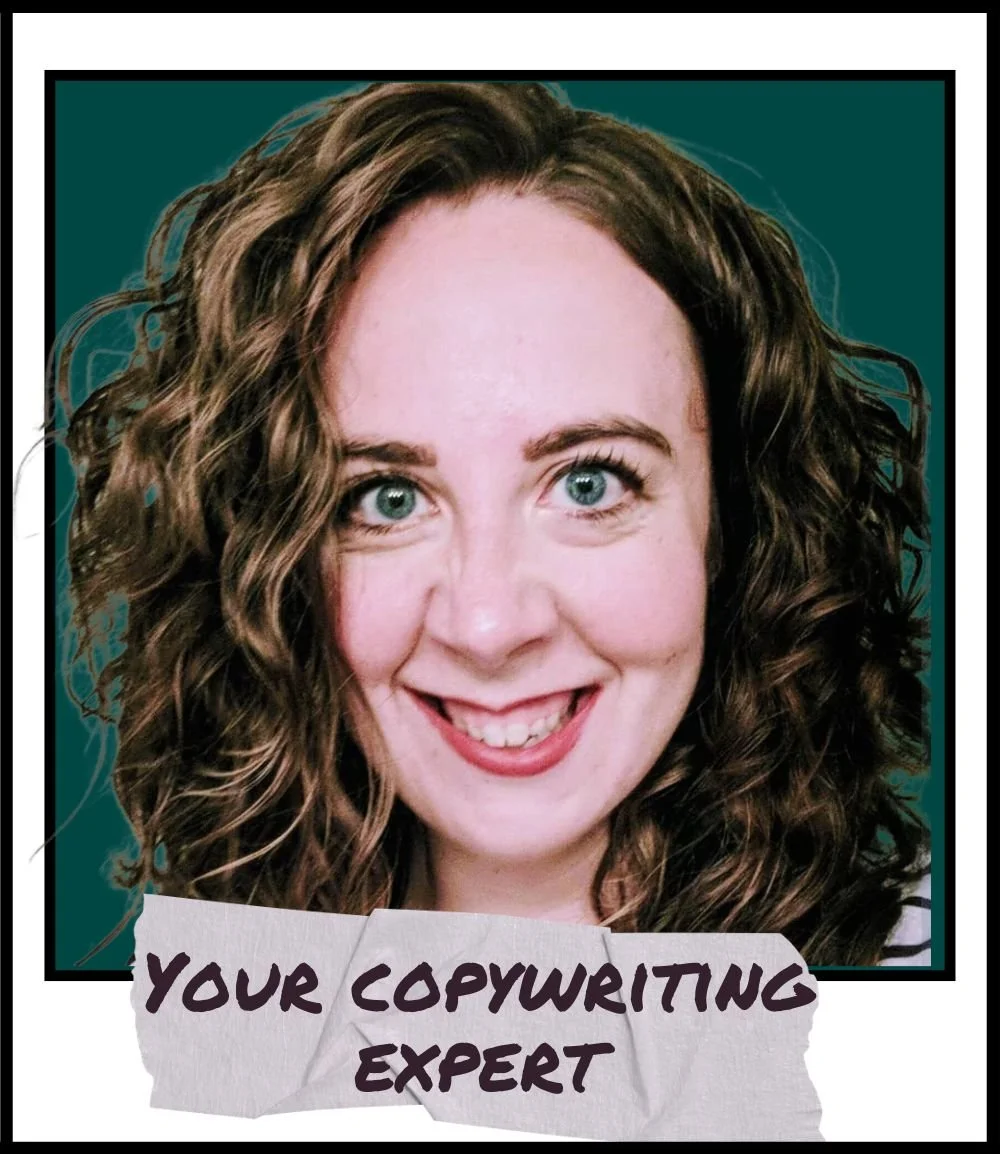 Close up of Olivia with a dark green backdrop and a piece of tape that says "Your Copywriting Expert"