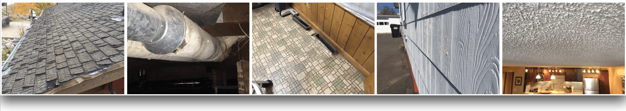 A montage of common asbestos-containing materials: roofing shingles, HVAC duct wrap, linoleum flooring, Transite siding, and popcorn ceiling texture.