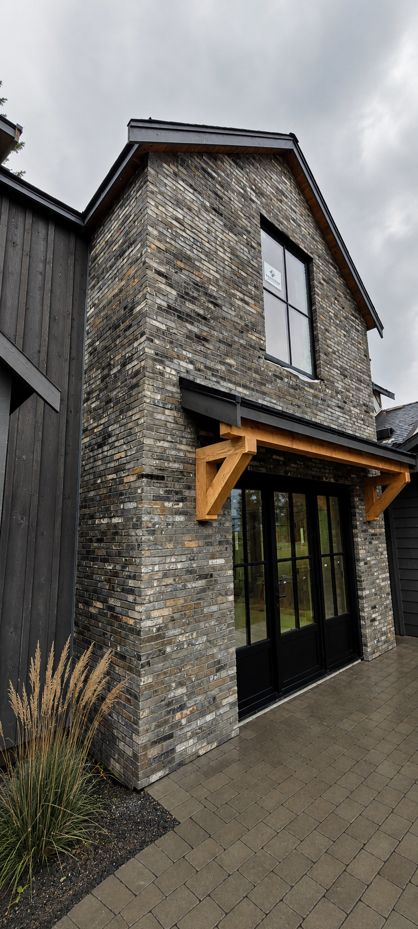 Modern house with brick and wood exterior, large black framed windows and sliding doors, small garden with ornamental grass, gray paved walkway, against overcast sky.